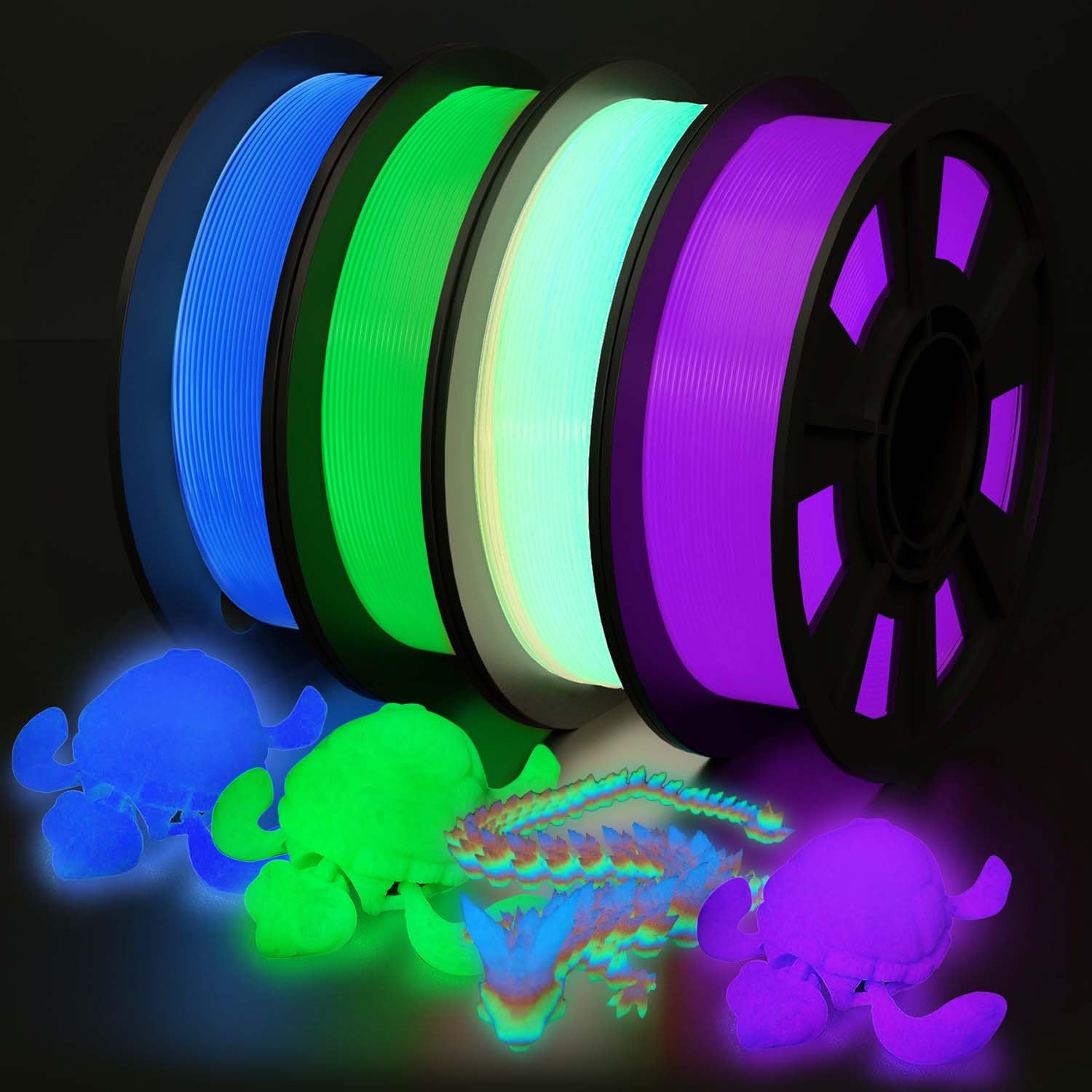 YOUSU 3D Printer Filament Bundle, Glow in The Dark Filament Multicolor, Green, Blue, Purple and Rainbow, PLA Filament 1.75 mm, D