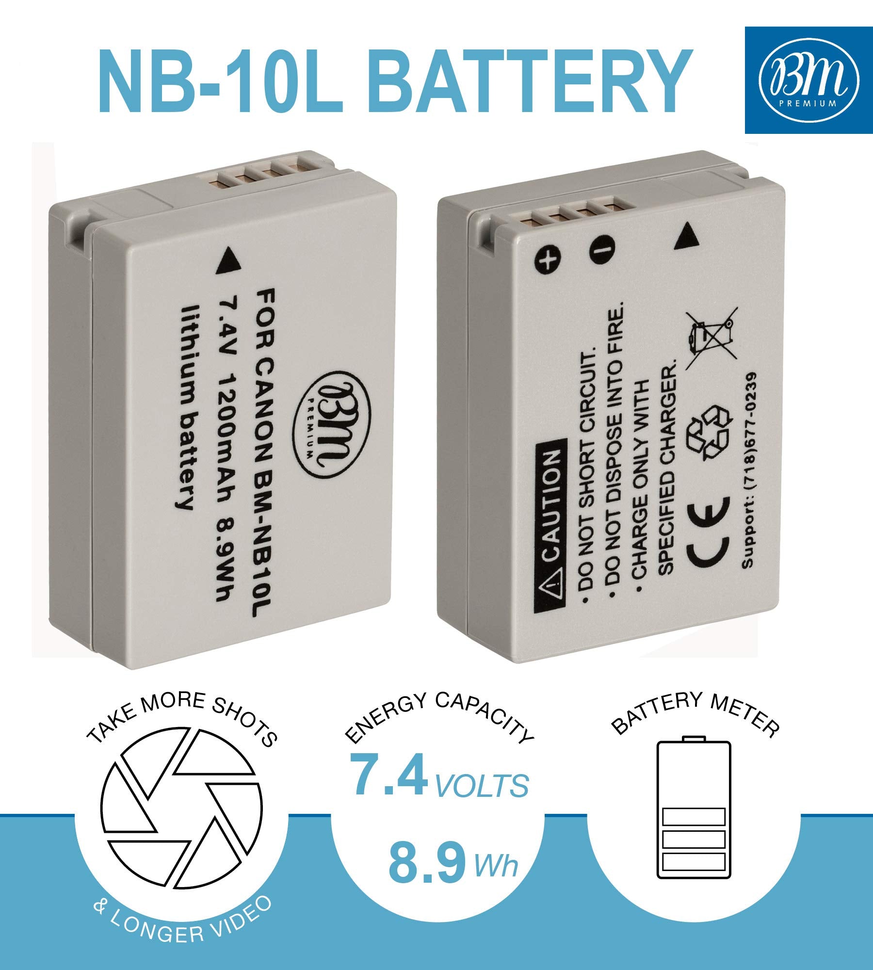 BM Premium (2 Pack NB 10L Battery for Canon PowerShot G1 X, G3 X, G15, G16, SX40 HS, SX50 HS, SX60 HS Digital Camera