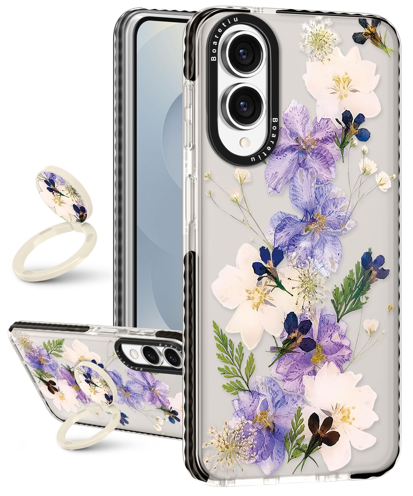 Boaretiu for Samsung Galaxy S25 Edge Case - with Stand Cute Kawaii Fashion 360 Rotate Ring Holder Kickstand Purple Flower for Wo