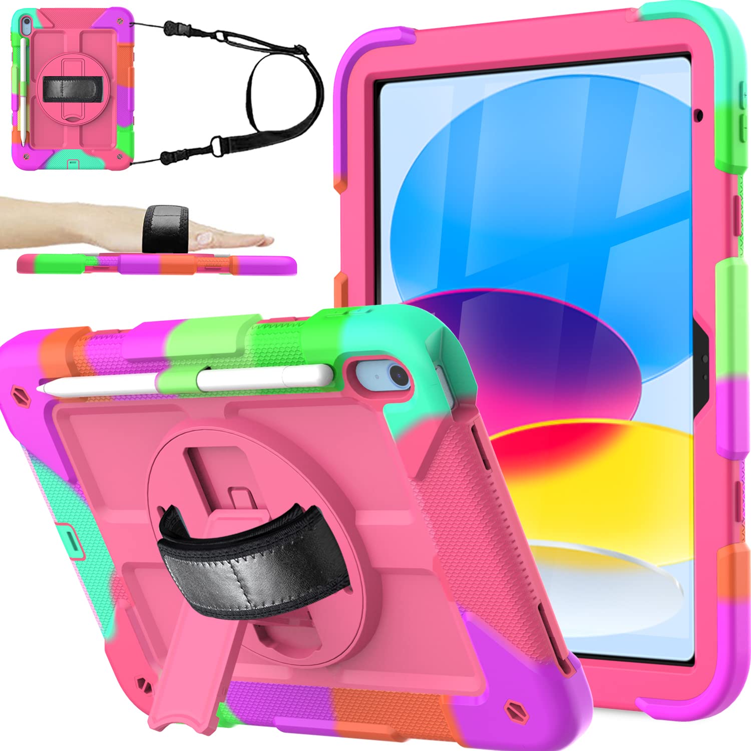 Bmouo New Ipad 10Th Generation Case   Ipad 10.9 2022 Case With Screen Protector, 360 Rotating Stand & Pencil Holder & Hand & Sho