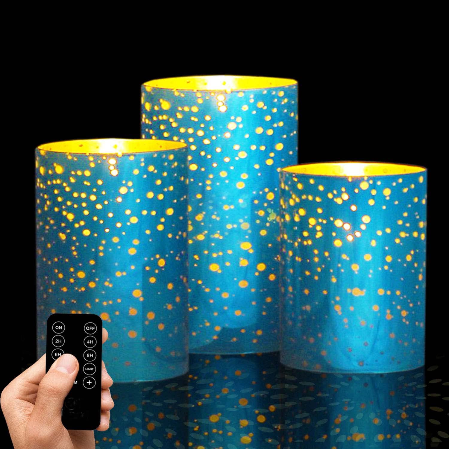 Sky Blue Mercury Effect Glass Flameless Candles, Battery Operated  500 Hr Battery, Realistic Glow For Christmas, July 4Th & Prem