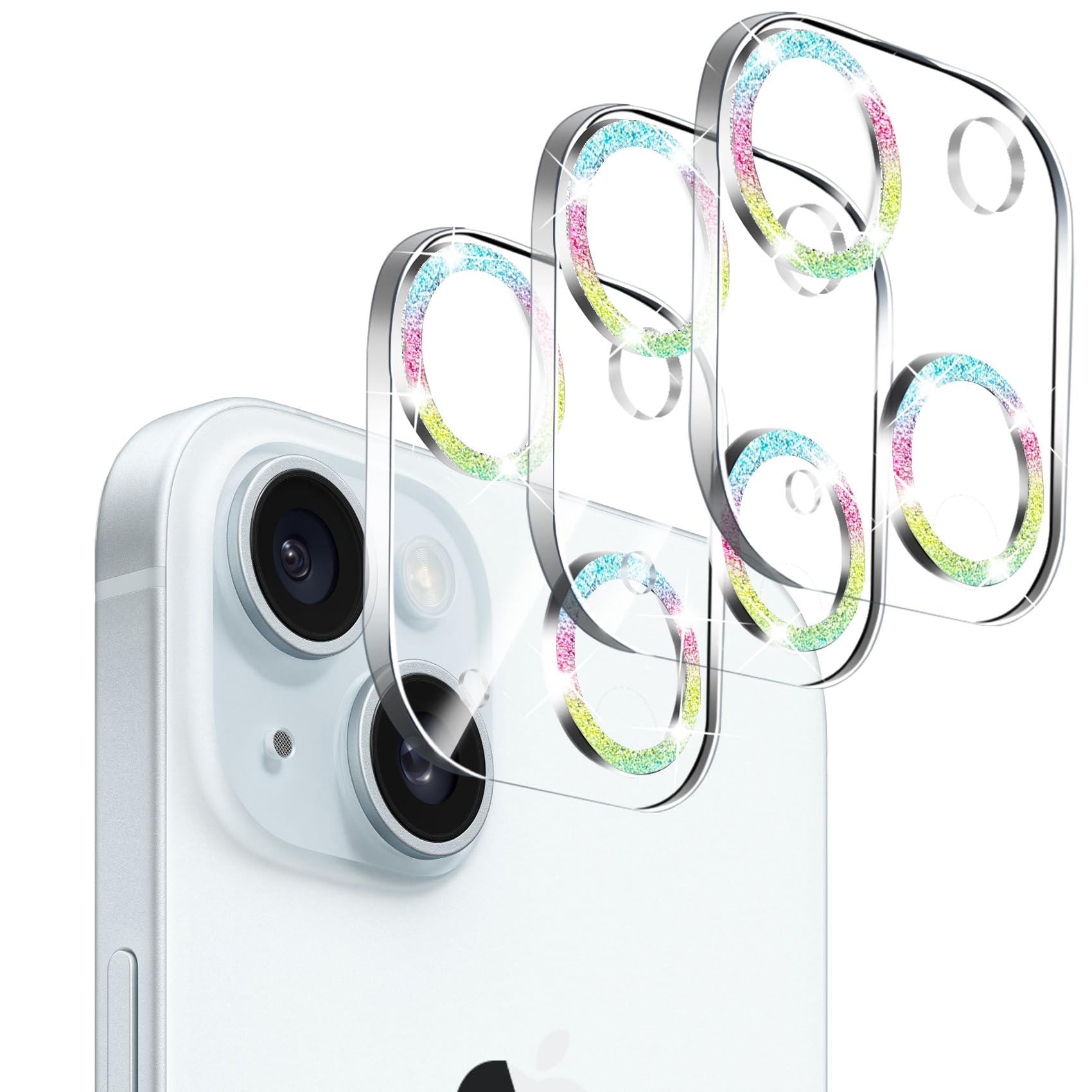 Dengduoduo ?3 Pack? Tempered Glass Camera Lens Protector For Iphone 15 6.1'' & For Iphone 15 Plus 6.7'', Bling Glitter, Ultra Hd