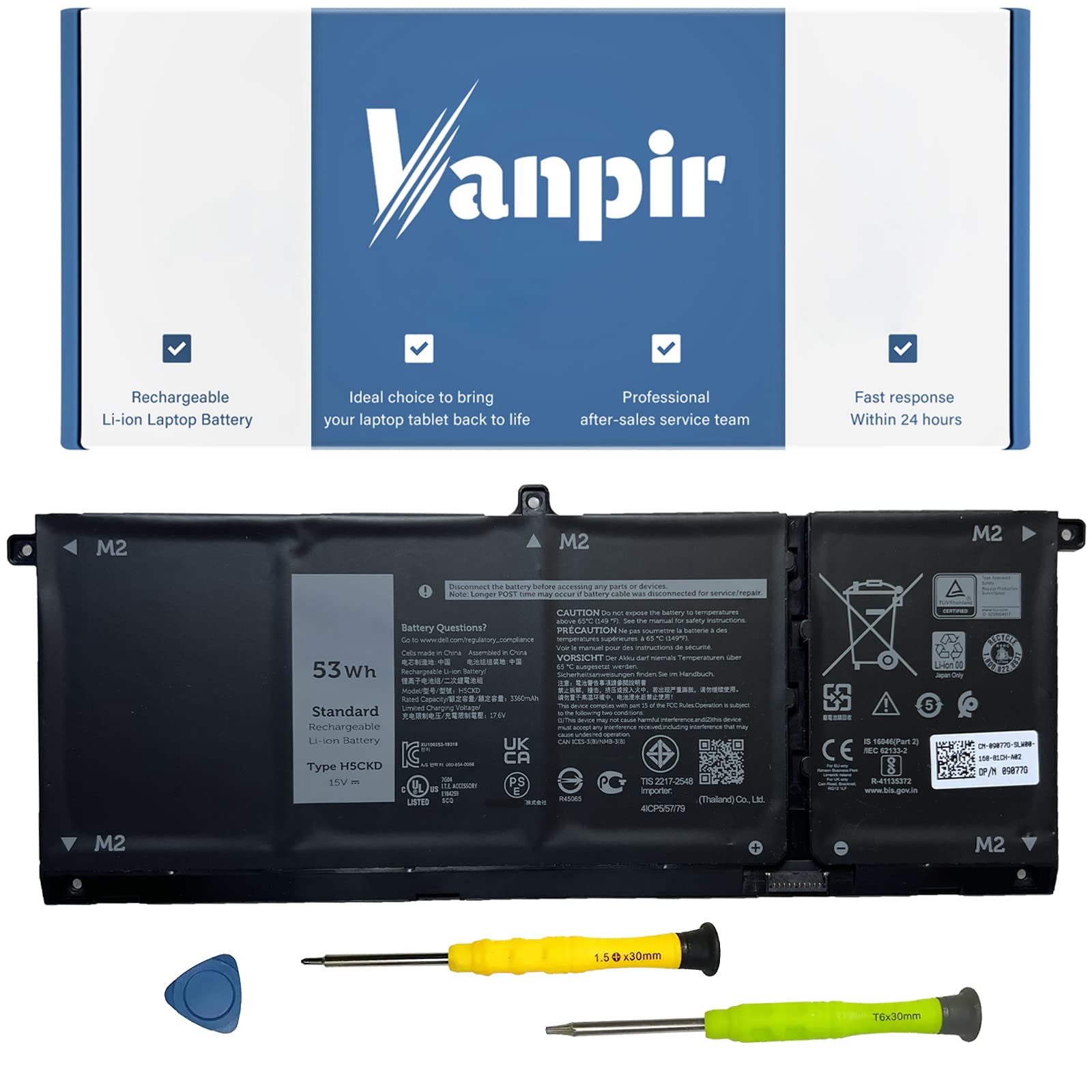 Vanpir H5Ckd Laptop Battery, 15V 53Wh 3360Mah Compatible With Dell Vostro 5300 5401 5501 Latitude 3410 3510 Inspiron 5300 5401 5