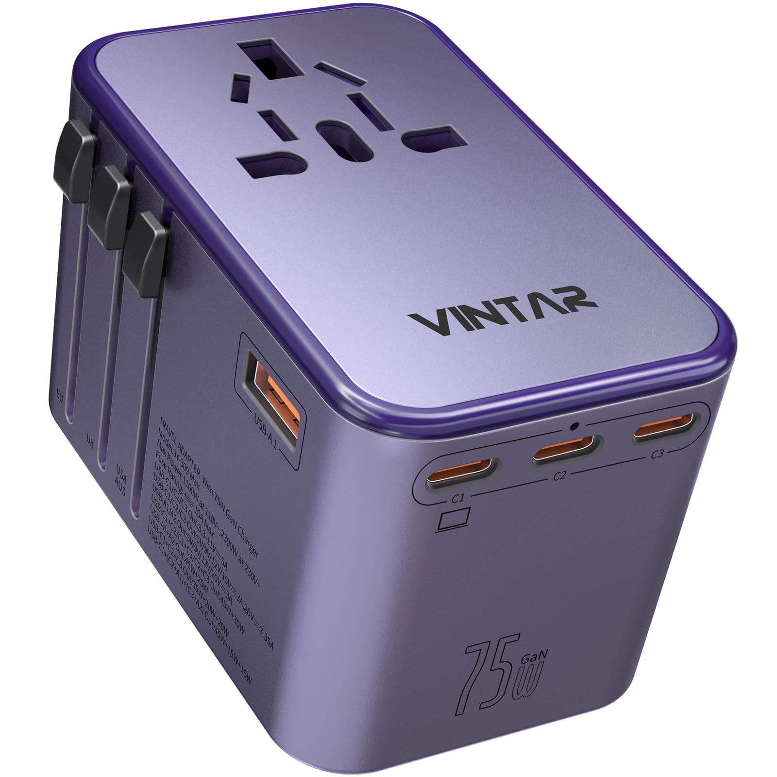 Universal Travel Adapter, Vintar 75W Gan International Power Adapter With 3 Usb C Pd And 2 Usb A Qc, All In One Travel Essential