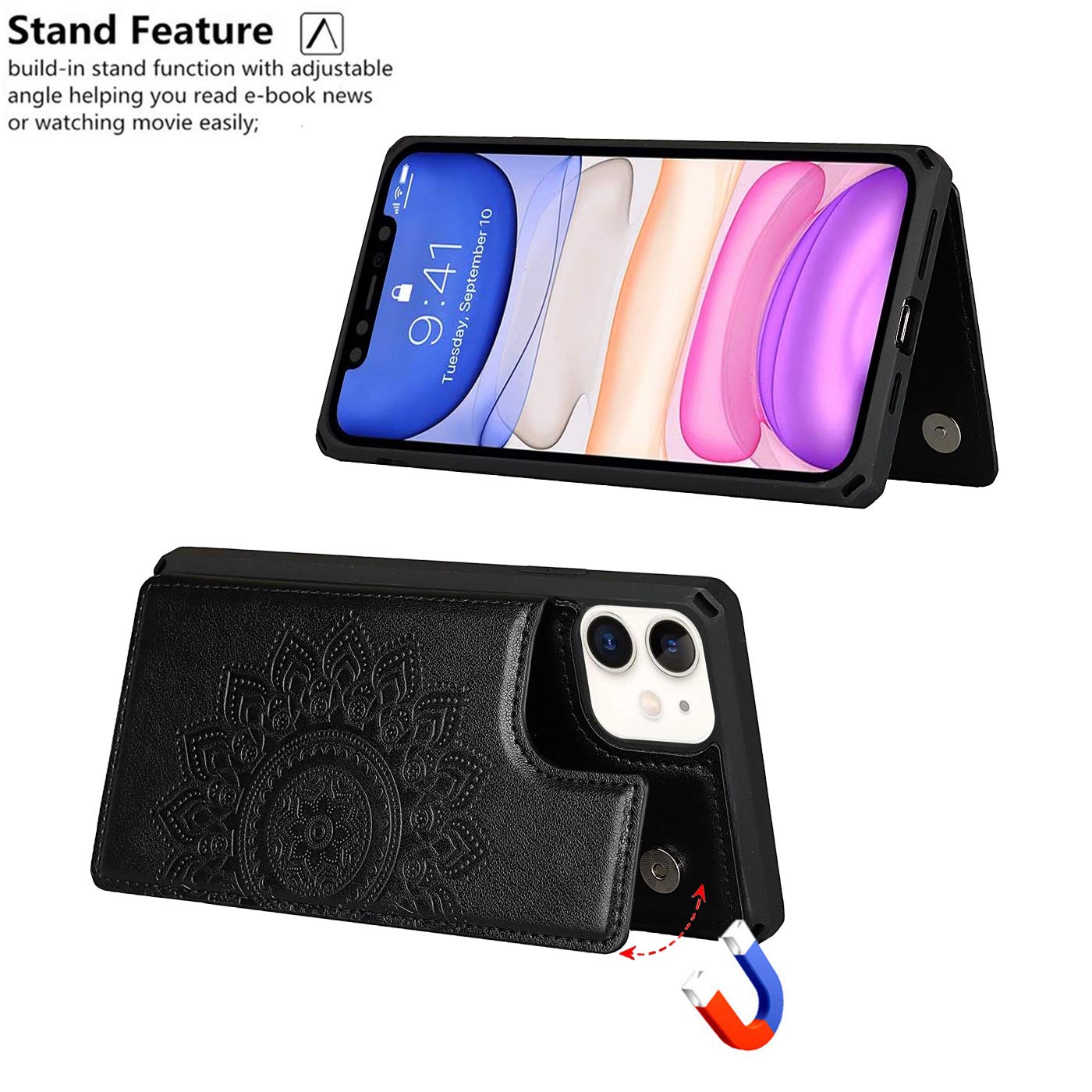 Cavor For Iphone 11 Embossed Mandala Pattern Flower Pu Leather Wallet Case With Card Holder Shockproof Cover   Black