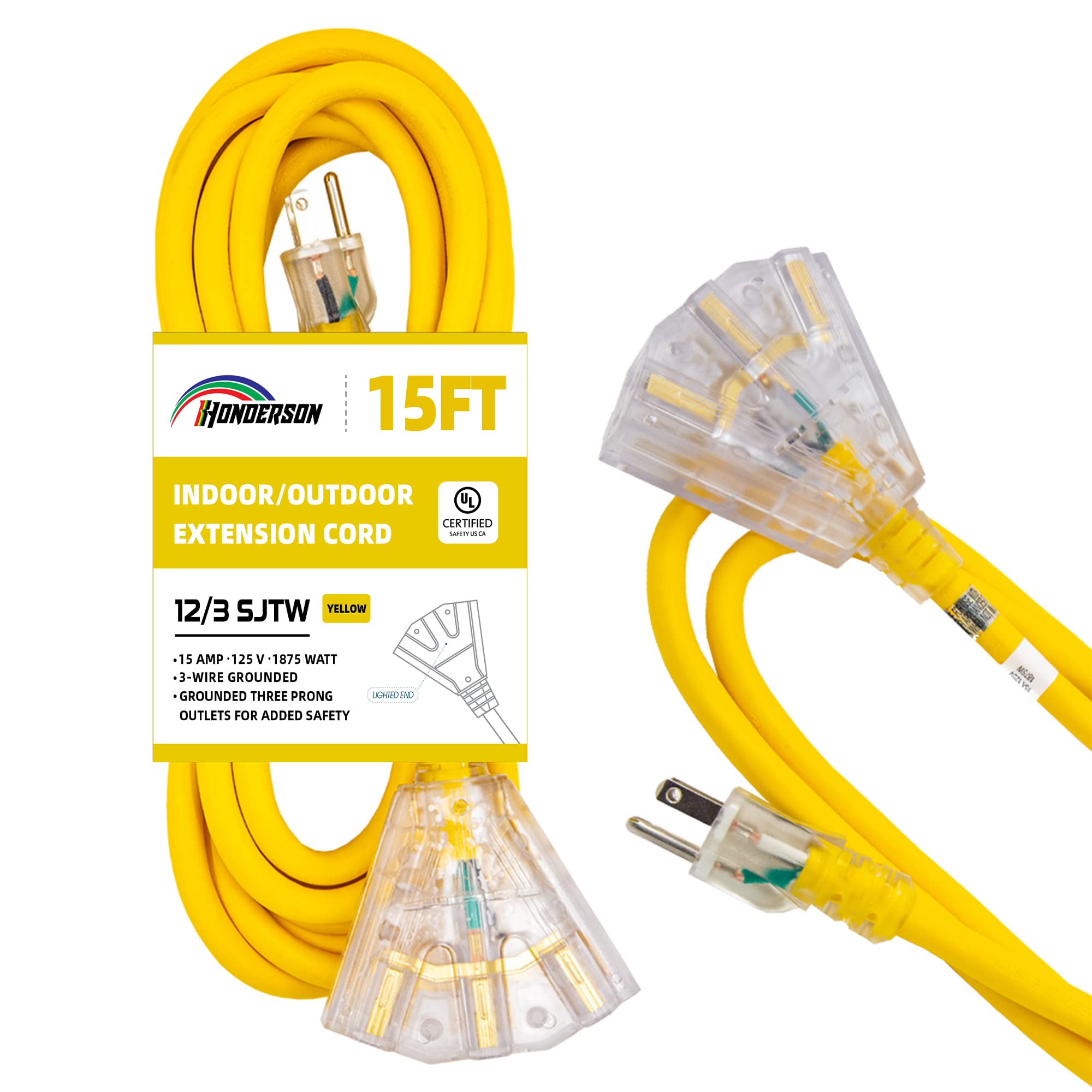 Honderson 15 Ft Lighted Outdoor Extension Cord With 3 Power Outlets,12/3 Sjtw Heavy Duty Yellow Extension Cable With 3 Prong Gro