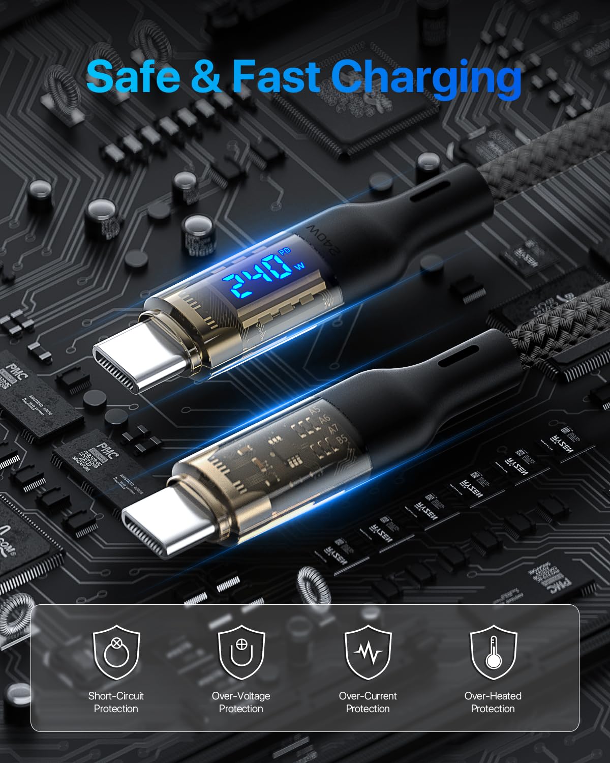 Soopii 240W Usb C To Usb C Cable[4Ft 2 Pack],Fast Charging Usb C Cable With Led Display For Galaxy S23+/S23Ultra/S22Ultra,Macboo