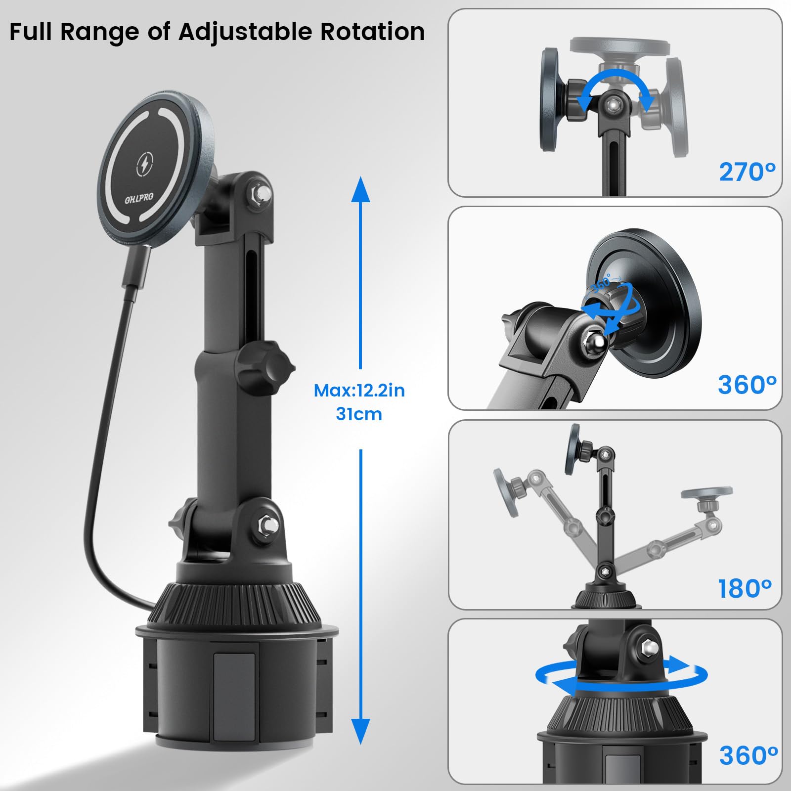 Ohlpro For Magsafe Cup Holder Car Mount Charger For Iphone 16, 15W Fast Charging Magnetic Cupholder Phone Mount, Compatible With