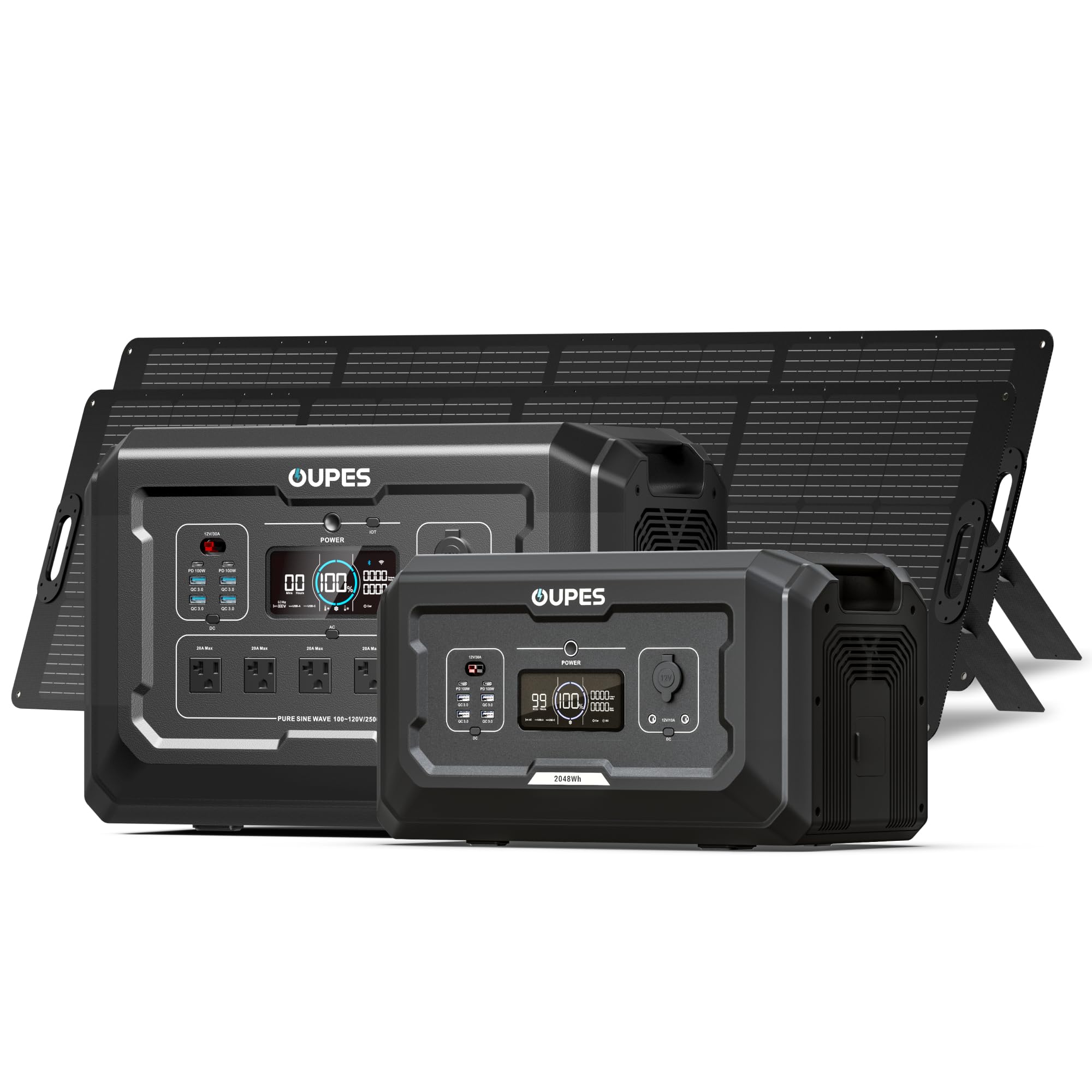 OUPES Mega 2 Power Station with 2 * 240W Panels & B2 Extra Battery, Expand Capacity from 2048Wh to 4096Wh, Solar Generator for H