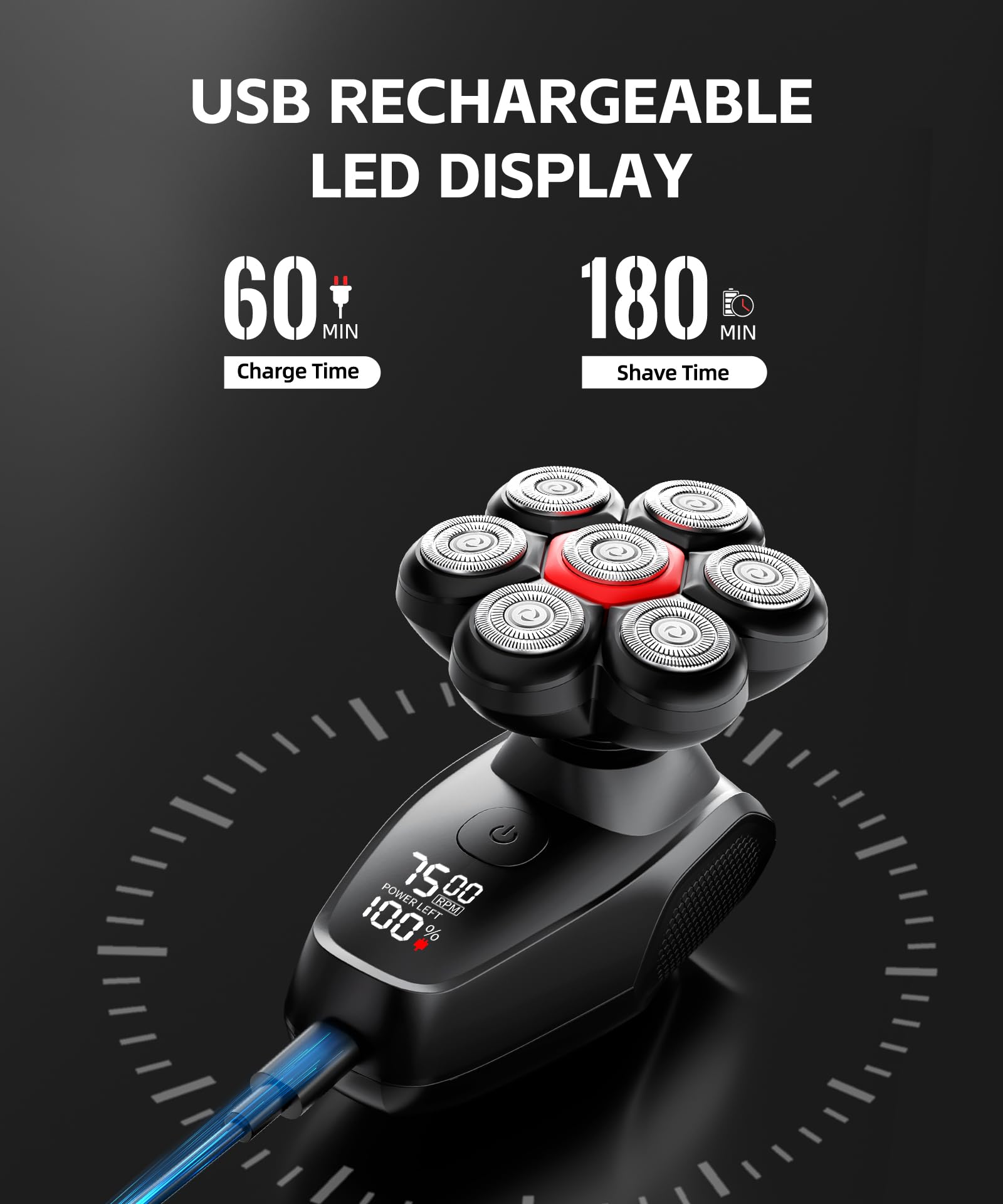 Head Shavers For Bald Men   Magnetic 7D Electric Razor Ipx8 Waterproof For Bald Men, Wet/Dry Led Display Rechargeable Rotary Sha