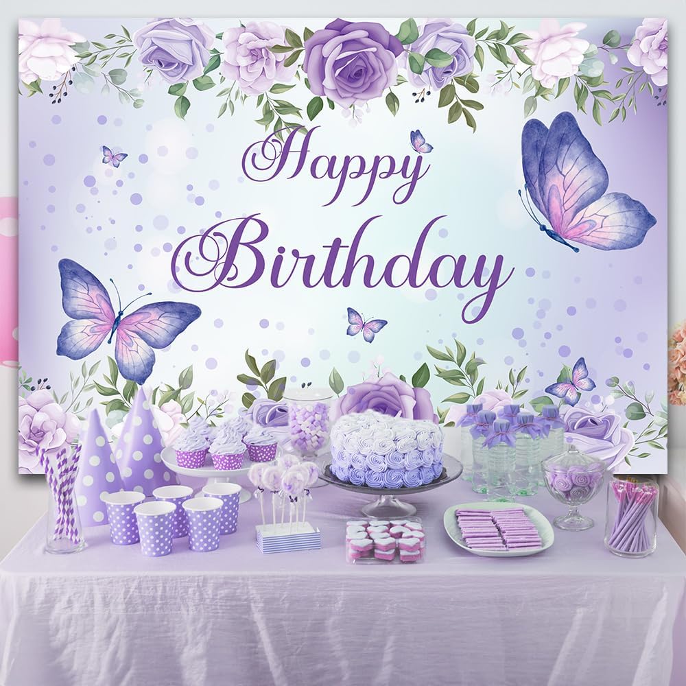 Purple Butterfly Birthday Banner Backdrop For Women Girl (59X36 Inch) Purple Happy Birthday Decorations Banner For Women Rose Fl