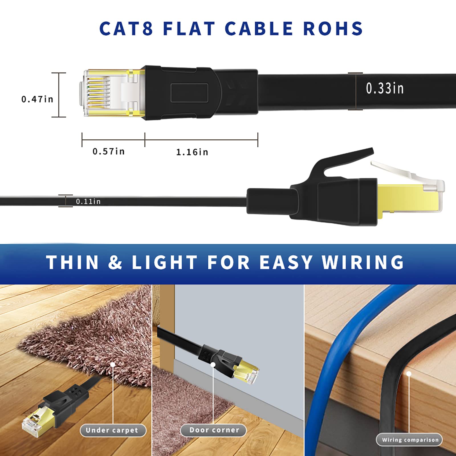 Qiuean Cat8 Ethernet Cable 15Ft, High Speed Heavy Duty Cat8 Lan Network Cable 40Gbps, 2000Mhz With Gold Plated Rj45 Connector For Modem, Router, Switch, Gaming   Black