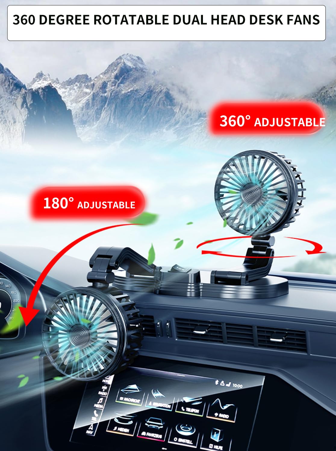 Hiakkapp X Portable Dual Head USB Car Fan 360° Rotation 2 Speed Plastic Black