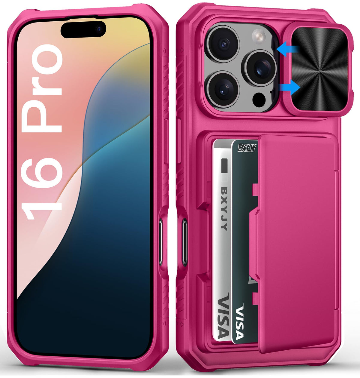 Bxyjy For Iphone 16 Pro Wallet Case With Credit Card Holder (4 5 Cards), Slide Camera Cover, Military Grade Protection, Rugged H