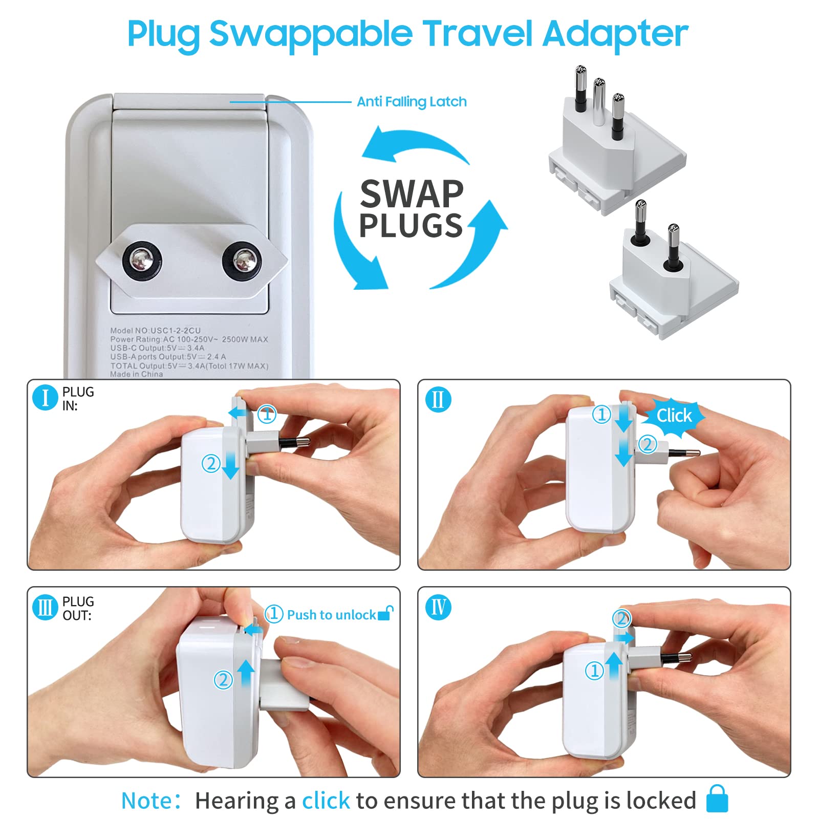 European Travel Plug Adapter Kit, Vintar International Plug Adapter With 3 Usb Ports (2 Usb C, 3.4A) 2 American Outlets, Type L,