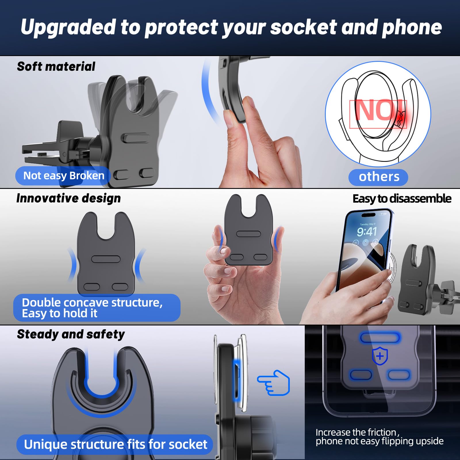 Jcbakc Socket Car Mount For Dashboard Air Vent Windshield,Car Phone Holder For Socket Grip With 2 Mounts,3 In 1 Stable Air Vent