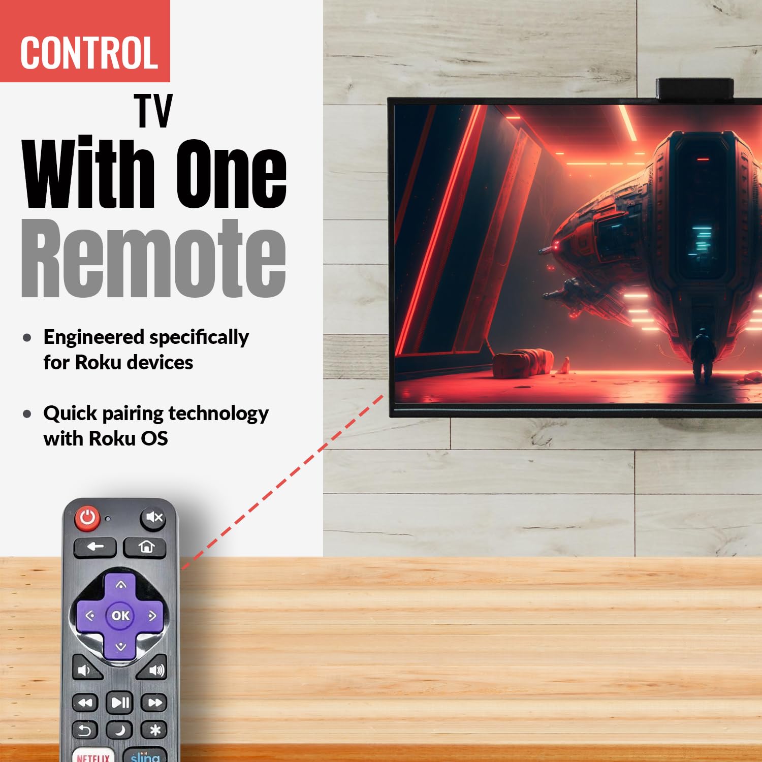 Anderic RRLF16 Remote Control for most Roku TVs such as ONN, Hisense, Philips, TCL, Hiro [RRLF16]