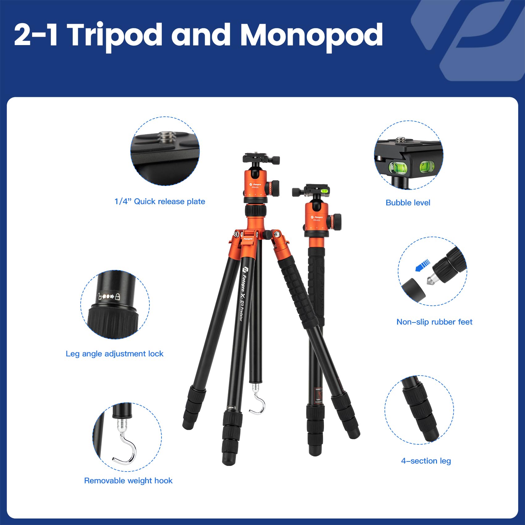 Fotopro 68'' Camera Tripod For Dslr, Heavy Duty Compact Travel Tripod With Ball Head, Detachable Monopod With Quick Release Plat