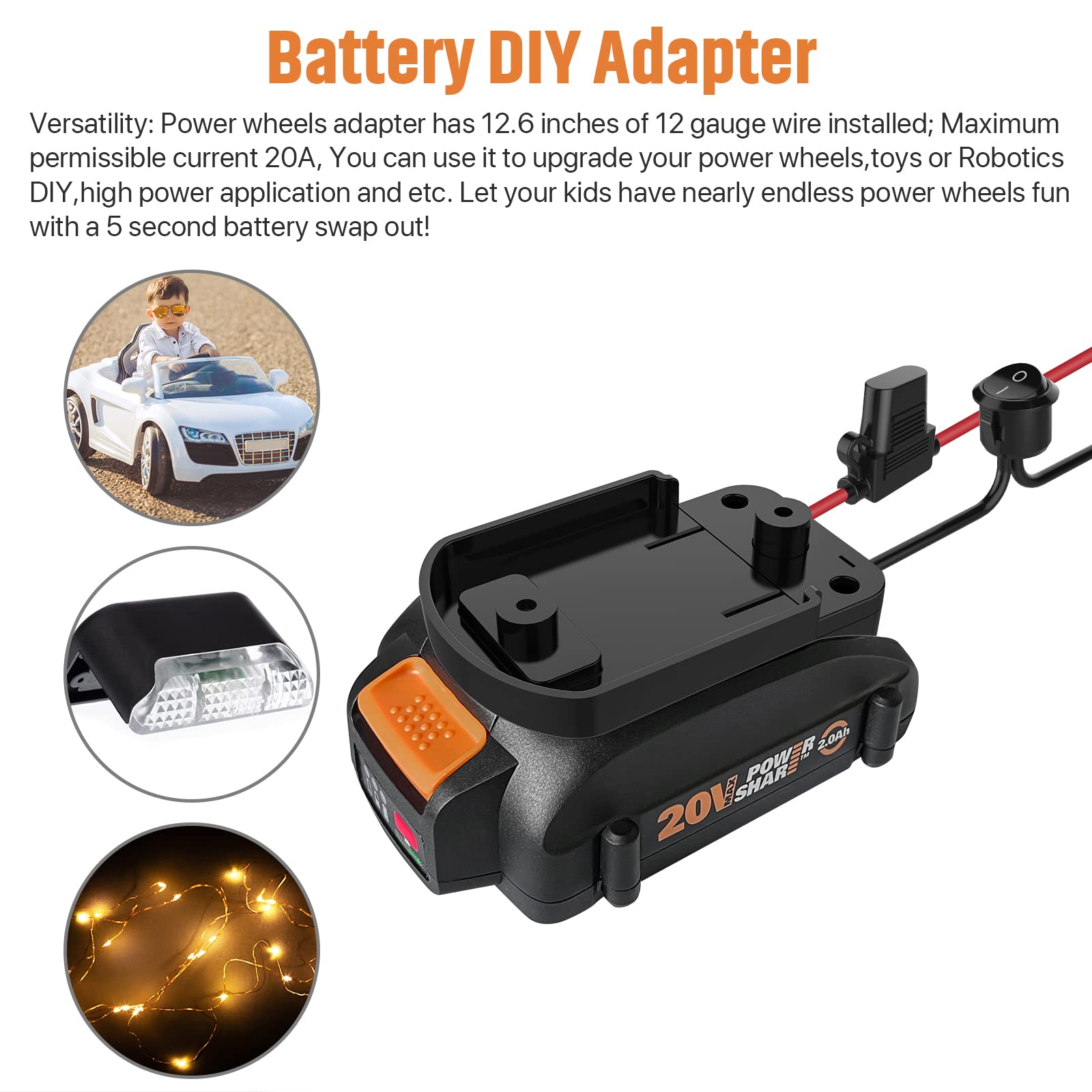 Power Wheel Adapter With Fuse & Switch, Secure Battery Adapter For Worx 20V Powershare Lithium Battery, With 12 Gauge Wire,Good