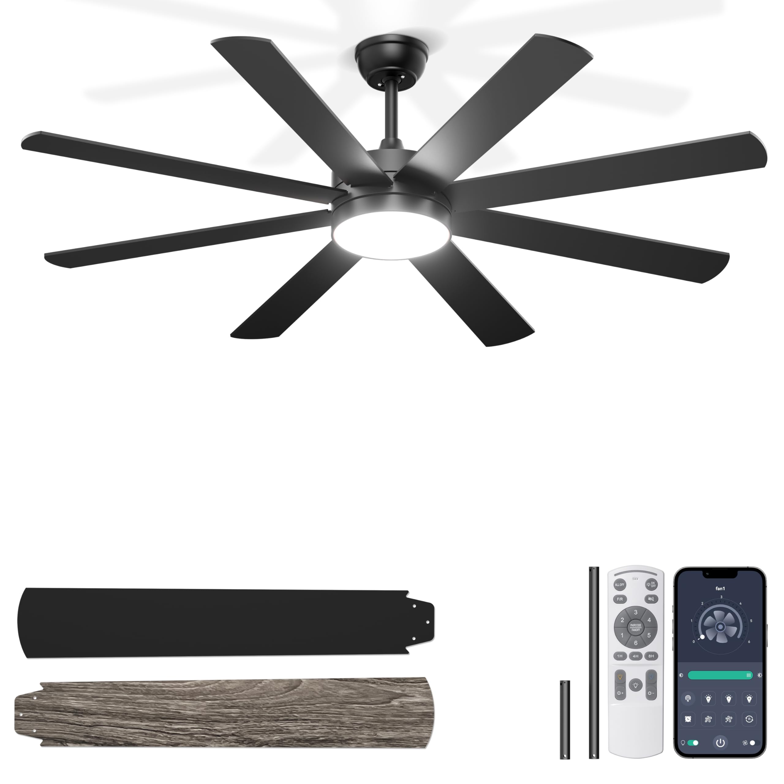 Phylluz 60 Ceiling Fans with Lights - Modern Black Ceiling Fan Remote/APP Control, Dimmable, Quiet DC Motor Ceiling Fan for In