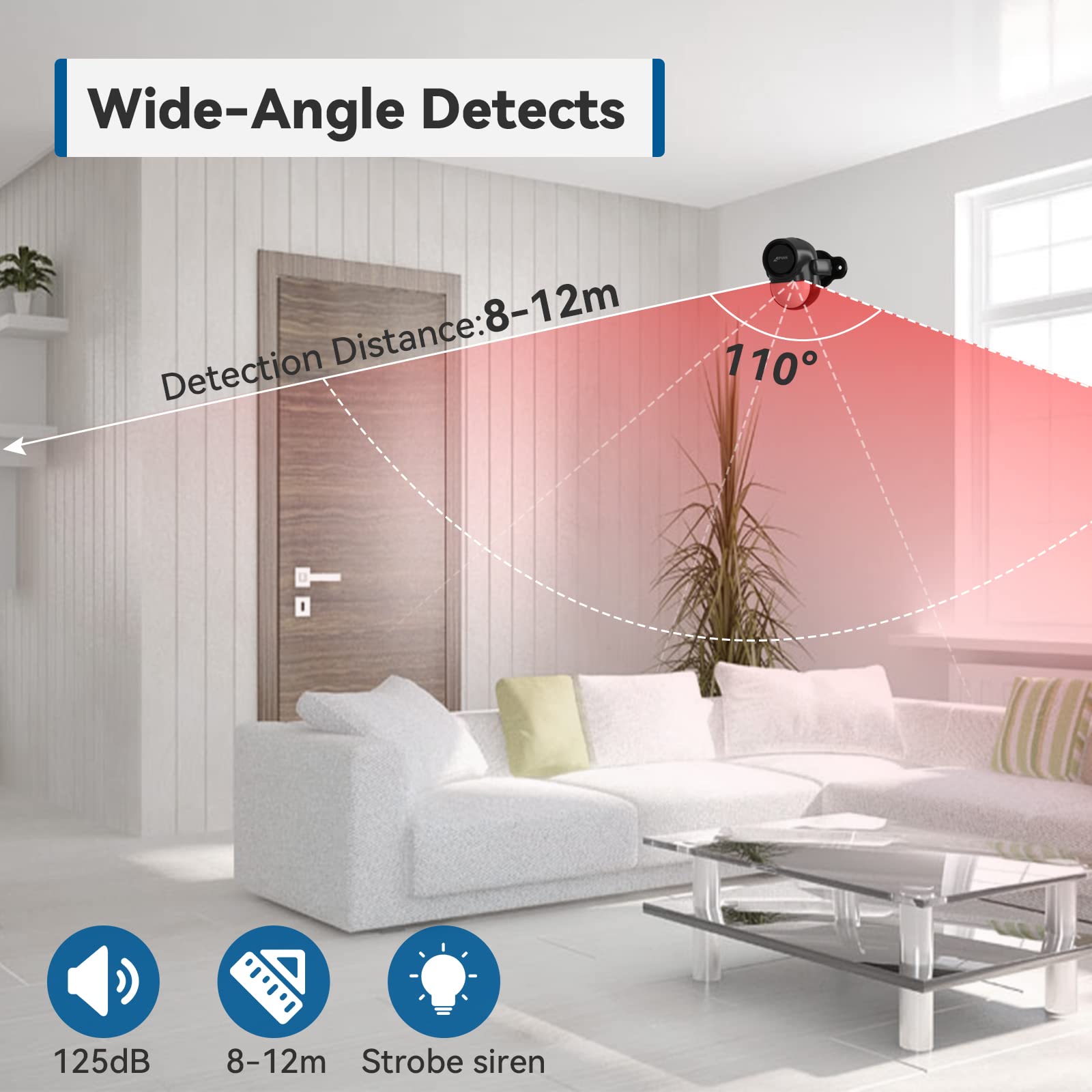 Cpvan Motion Sensor Alarm With 328Ft Remote Control, Indoor Wireless Infrared Security Motion Detector With Siren (125Db, 40Ft P
