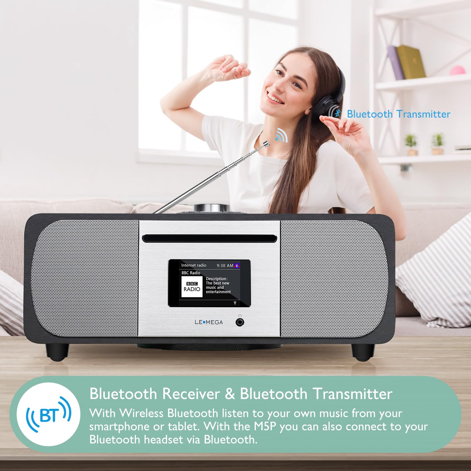 Lemega M5P Internet Radio With Cd Player For Home, Wifi Radio, Fm Digital Radio, Bluetooth Speaker, Spotify Connect,35W Home Stereo System,Usb Player,Dual Alarms Clock, Oktiv App Control Dark Walnut