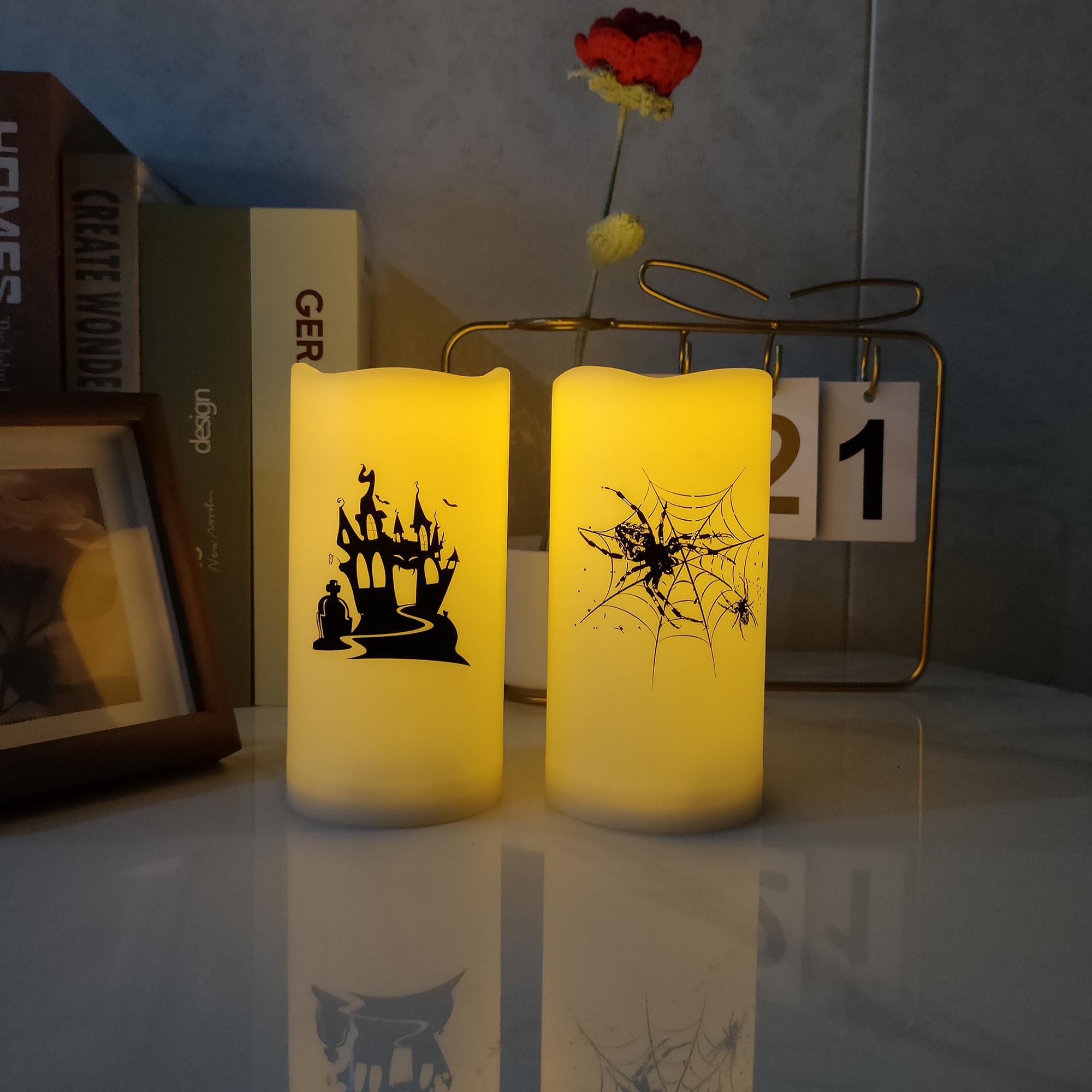 2 Pack Halloween Flameless Pillar Candles With Remote And Timer Battery Operated Led Flickering Candle Light Set With Spider Web