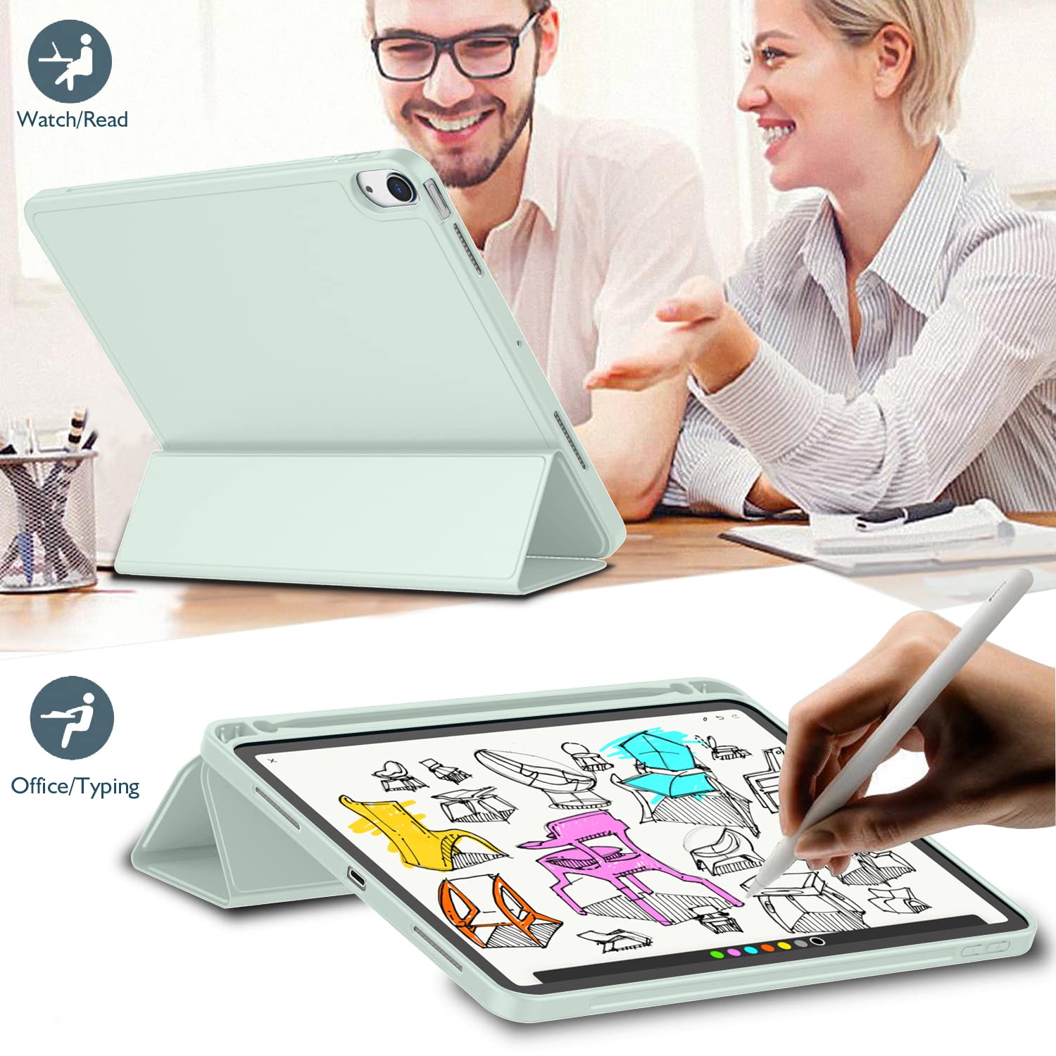 Imieet Ipad Air 11 Inch Case 2024 (6Th Generation), Ipad Air 5Th Generation Case 2022/4Th Generation Case 2020 10.9 Inch With Pencil Holder, Trifold Stand Smart Case (Pale Green)