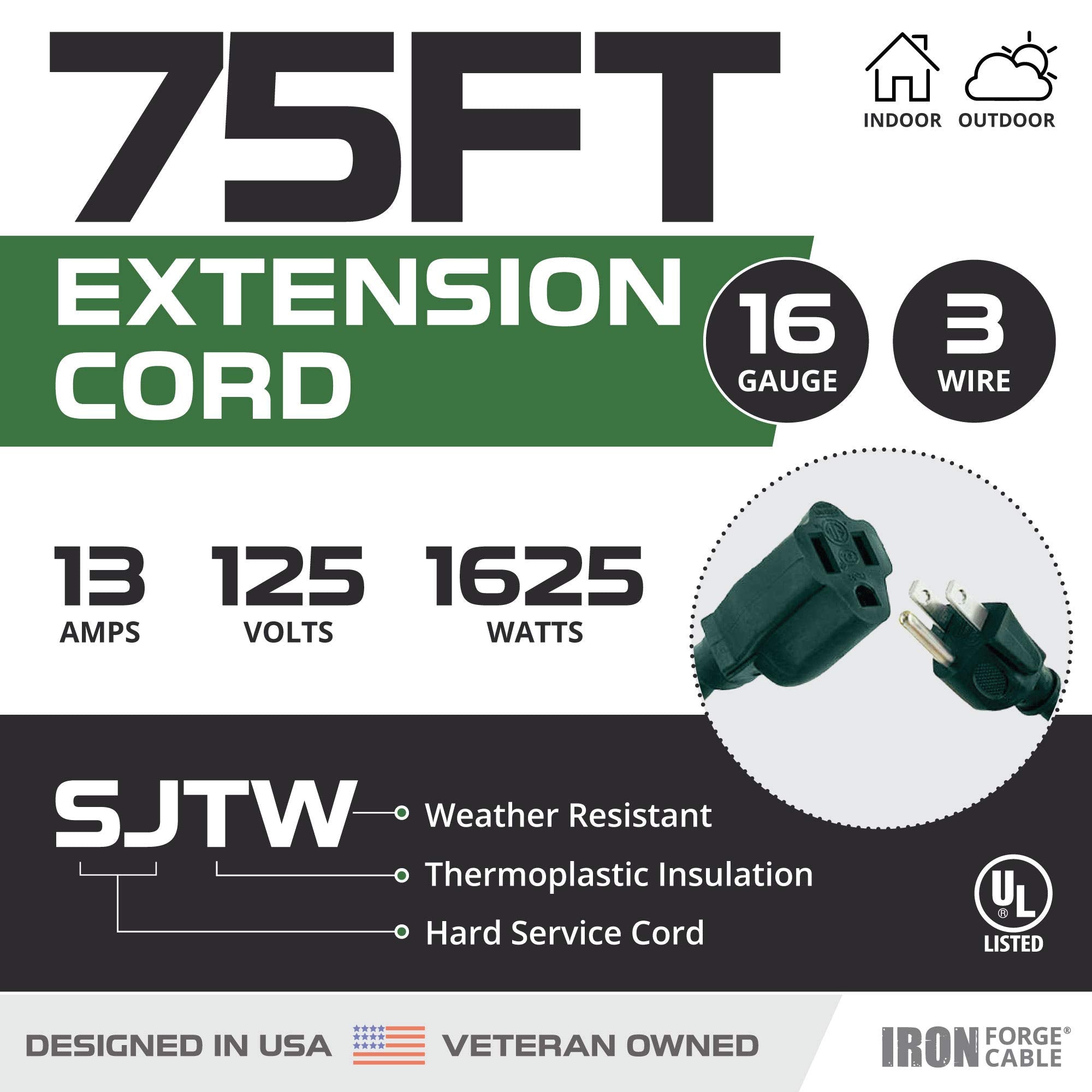 Iron Forge Cable 75 Foot Outdoor Extension Cord   16/3 Sjtw Weatherproof Green Extension Cord 3 Prong Grounded Plug For Safety,