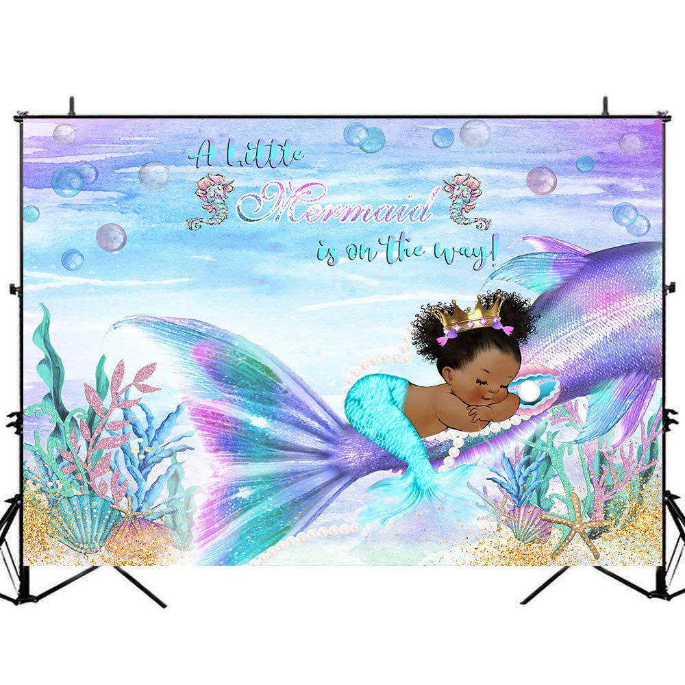 Mocsicka Backdrop Under The Sea Mermaid Princess Baby Shower Decorations 7X5Ft Glitter Mermaid Tail Seashell Starfish Pearl Ocean Bubble Background For Girls