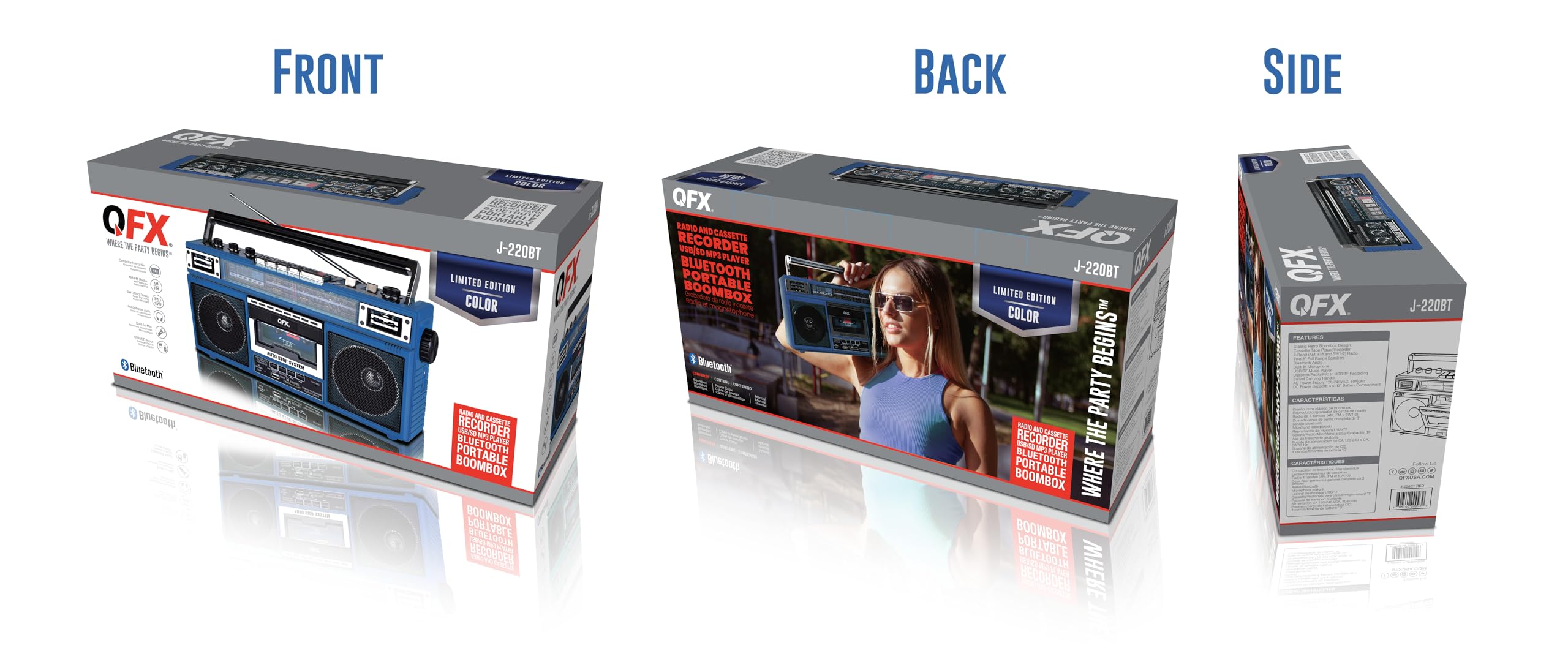 Qfx J 220Bt Blue Boombox Mp3 Conversion From Radio To Cassette With 4 Band (Am, Fm, Sw1, Sw2) Radio With Bluetooth, Dual 3    Sp