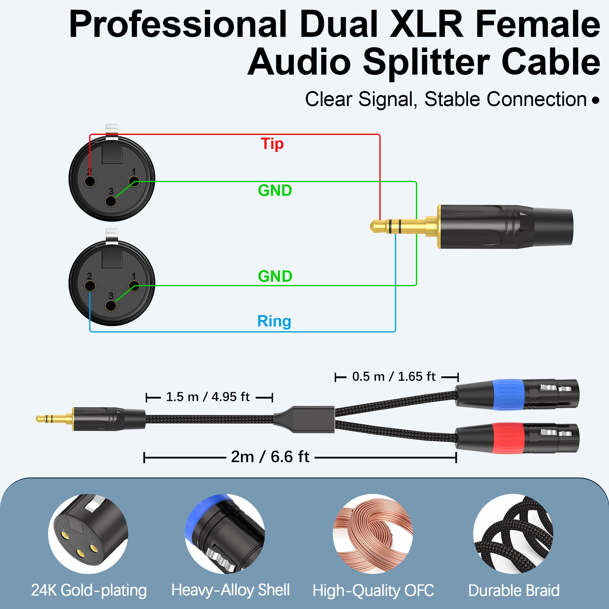 Hosongin 3.5Mm Trs To Dual Xlr Female Cable 6Ft, Braided Stereo Audio Splitter For Podcast, Dslr Camera, Mic, Mixer, Interface -