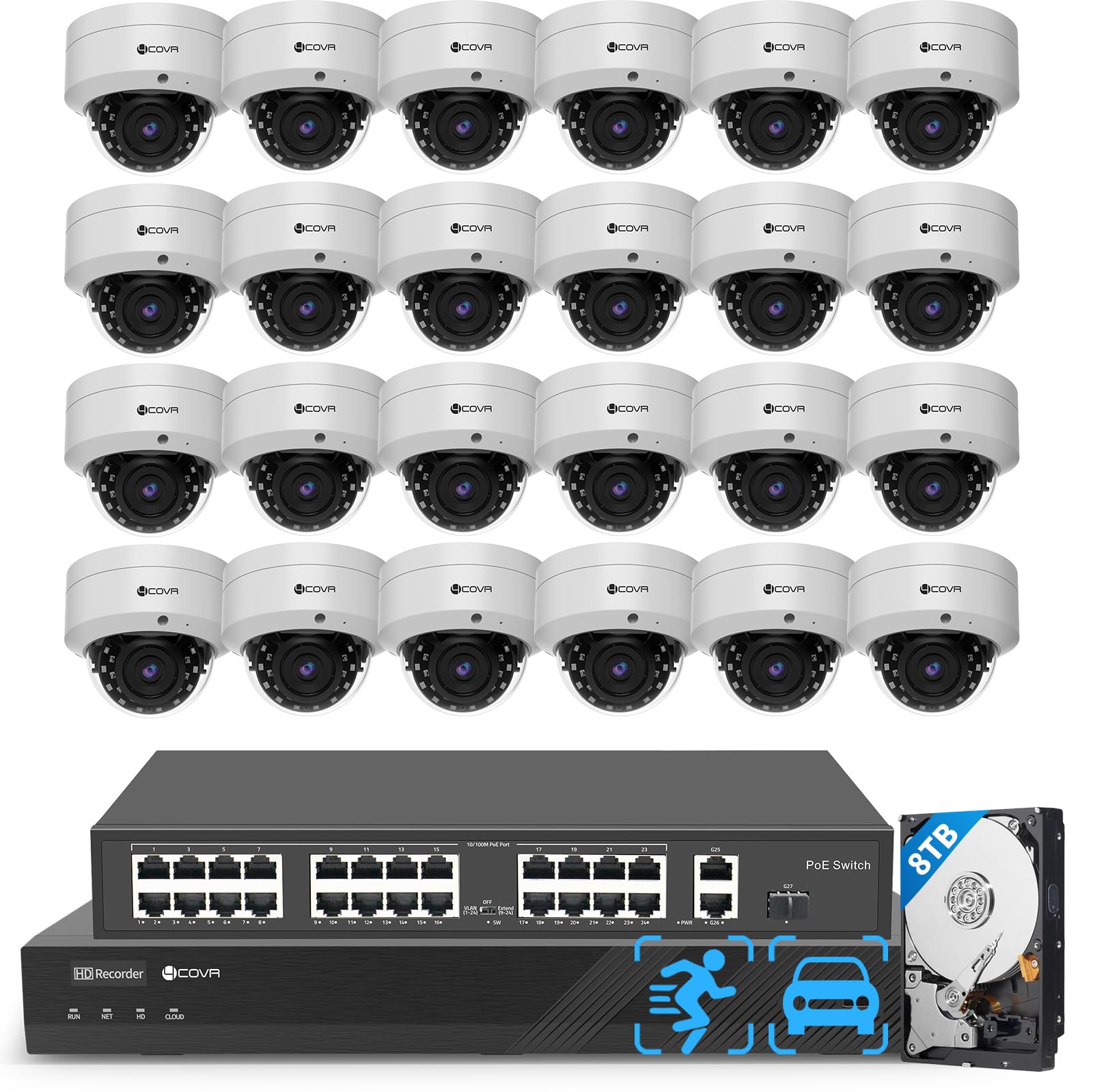 4COVR 32 Channel Security Camera System PoE with Mic, 24Pcs 5MP IK10 Vandal-Proof Dome IP Camera IP67, AI Human Vehicle Detectio