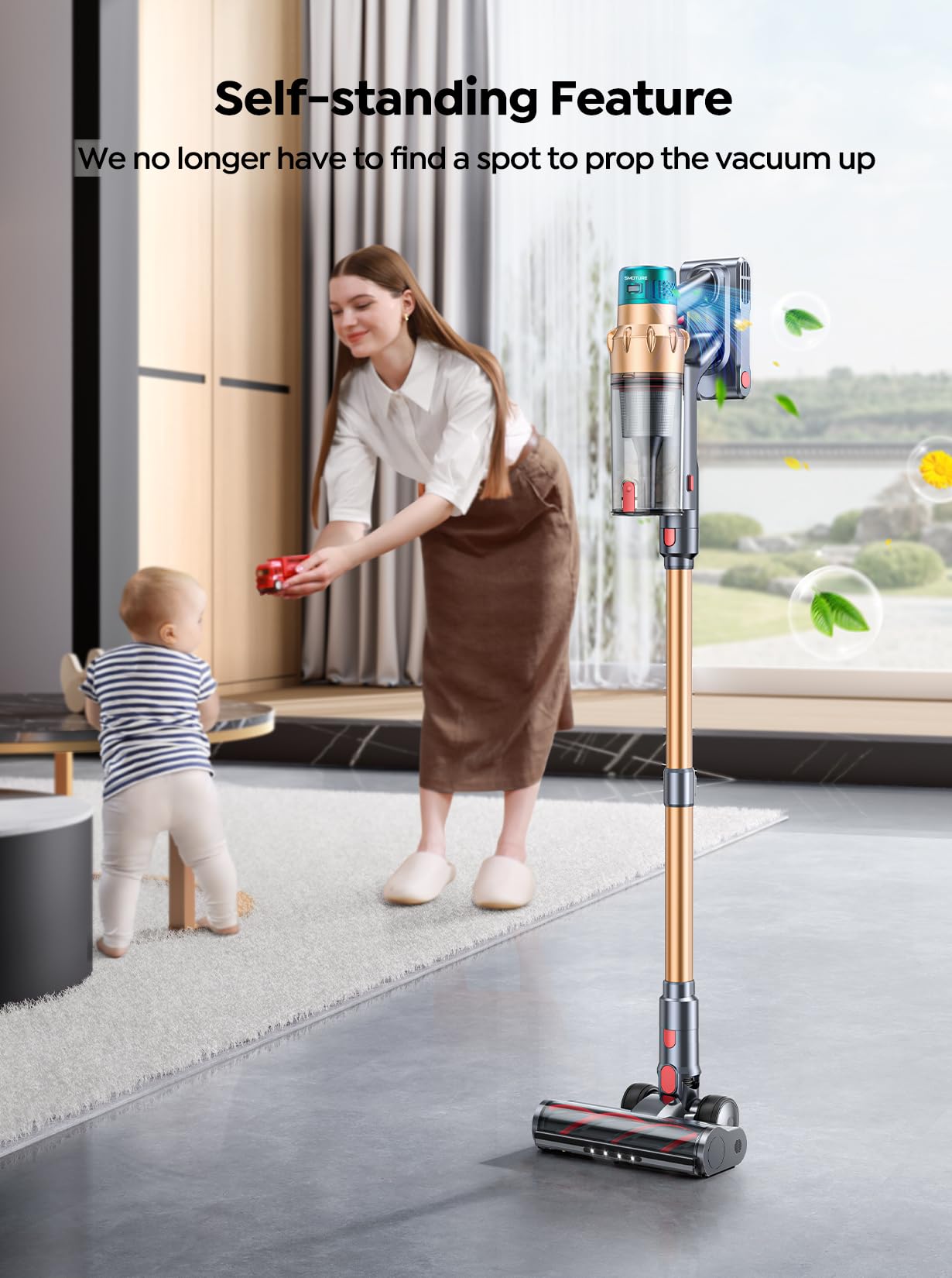 Cordless Vacuum Cleaner, 550W 45Kpa 60 Mins Runtime Self Standing Vacuum Cleaners For Home, Stick Vacuum With Charging Dock Stat