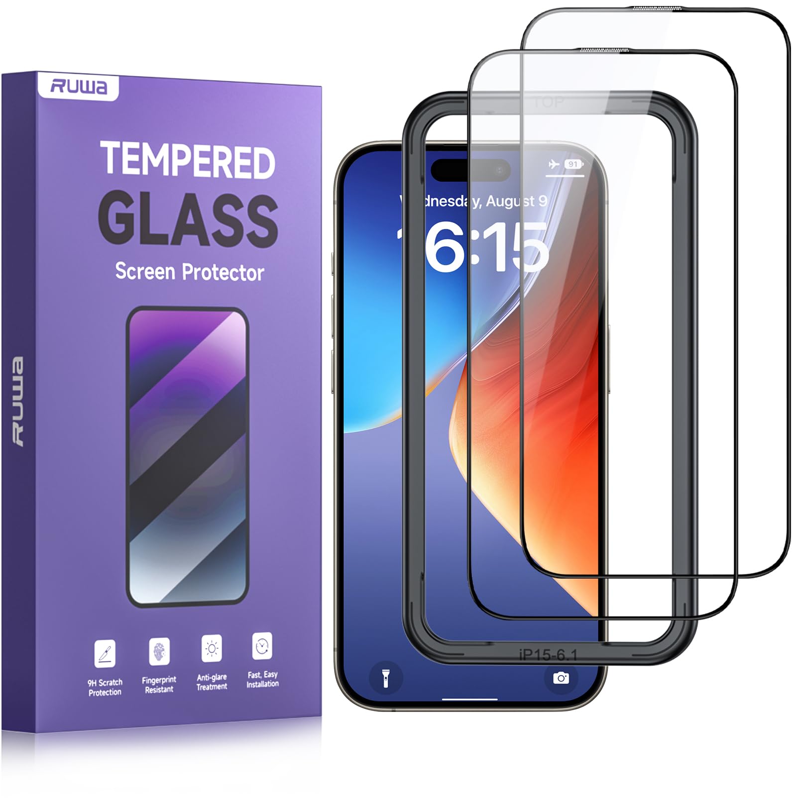 ruwa Screen Protector for iPhone 15, iPhone 16 [6.1 Inch][2-Pack] Tempered Glass with Easy Installation Frame, HD Clear,Anti-Scr