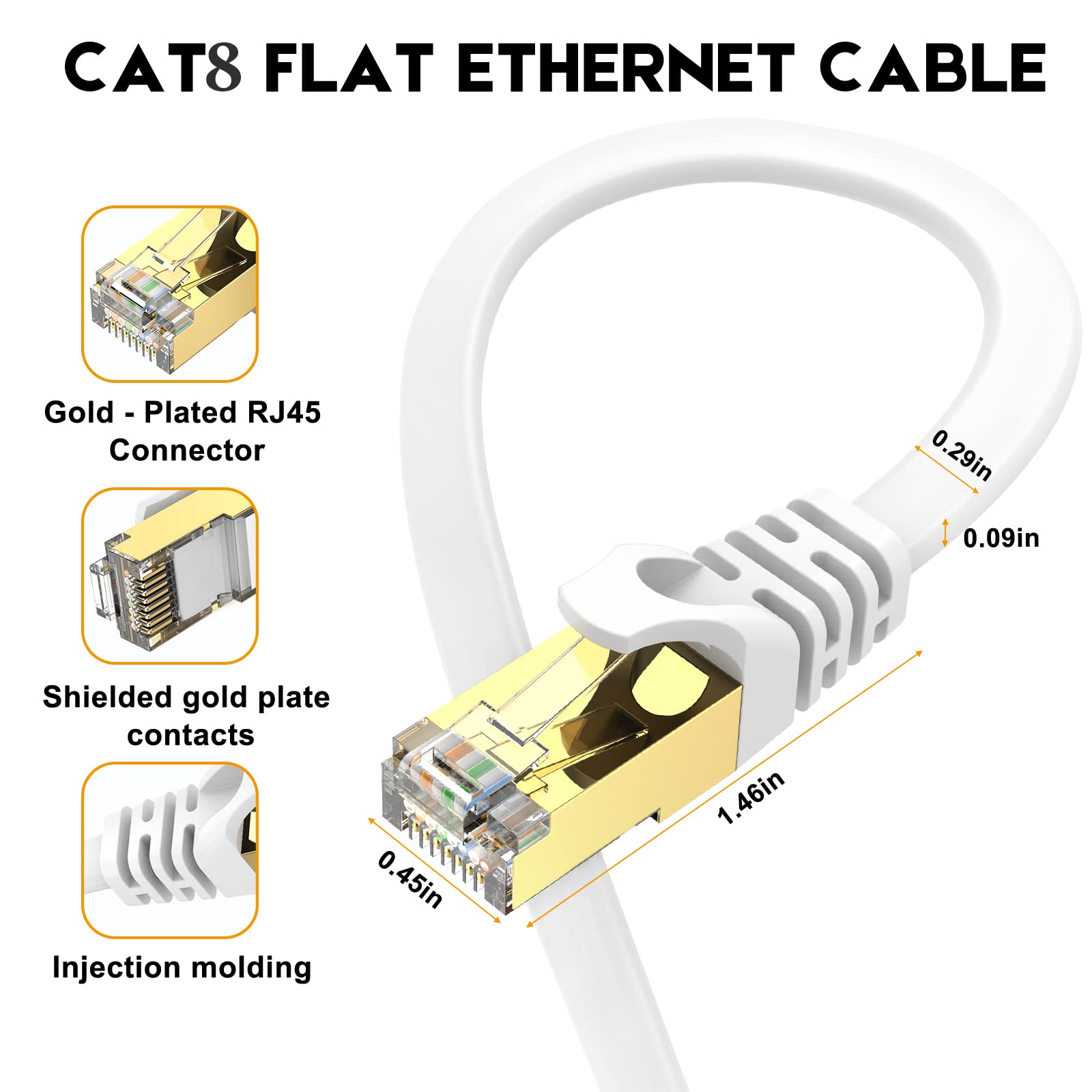 Ercielook Cat8 Ethernet Cable 3 Ft High Speed, Shielded Flat Internet Cable With Gold Plated Rj45 Connectors, For Router/Gaming/
