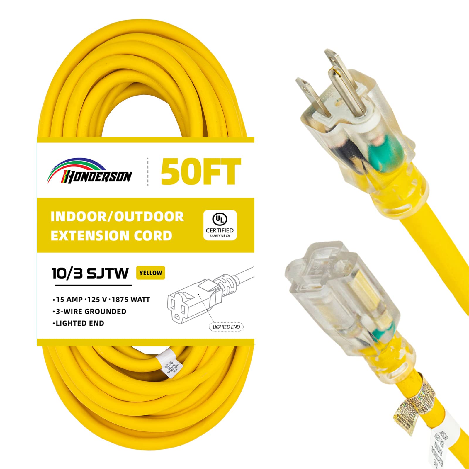 Honderson Indoor Outdoor Extension Cord Weatherproof With Lighted End, Ul Listed, 10 Gauge 50Ft Yellow 3 Prong Heavy Duty Extens