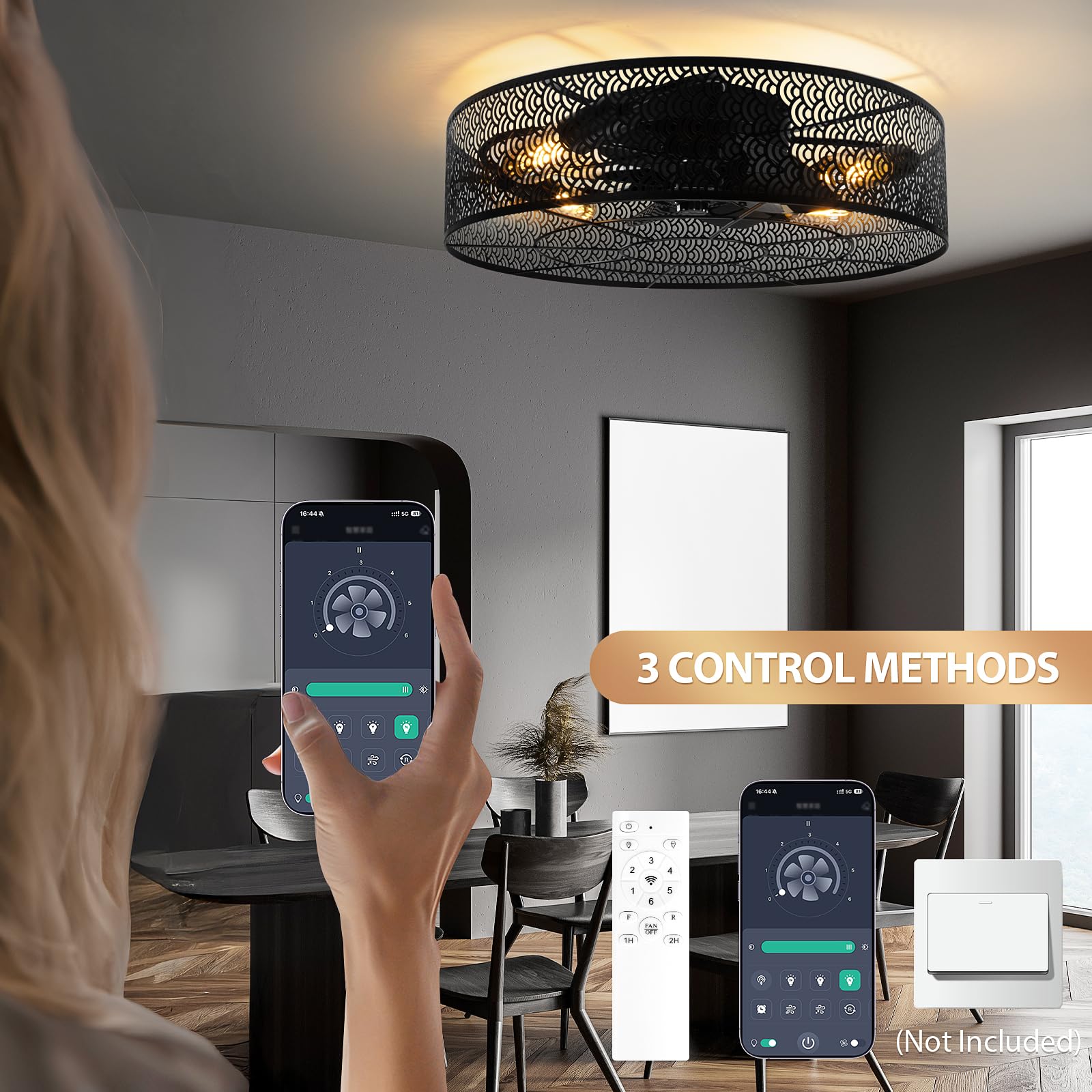 Vookea 2-In-1 Low Profile Ceiling Fan With Light, 20    Caged Metal Safety Design For Kids - 3000K, Smart App/Remote Control, Qu