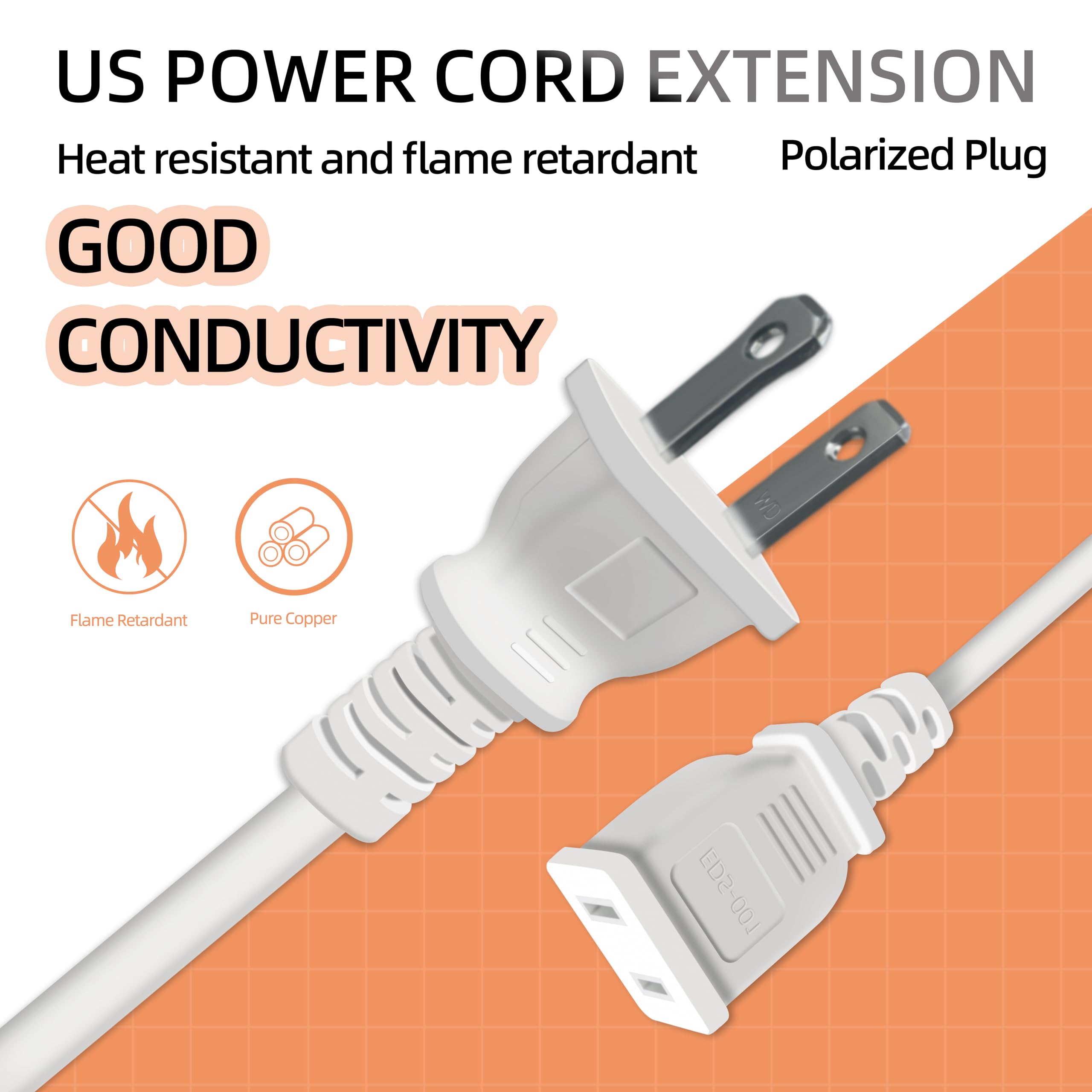 3Ft White Extension Cord Thin Flexible 2 Prong Single Outlet 125V 10A For Indoor Use Ideal For Holiday Lights, Lamps, Security C