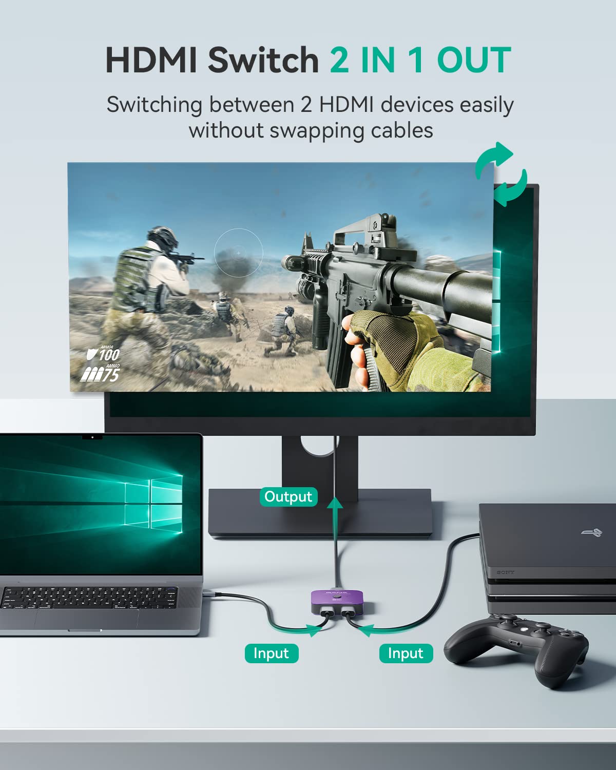 Gana Hdmi 2.1 Switch, 8K Hdmi Switcher Splitter 2 In 1 Out, Supports 4K@120Hz,8K@60Hz, 48Gbps Aluminum Bi Directional Ultra Hd H