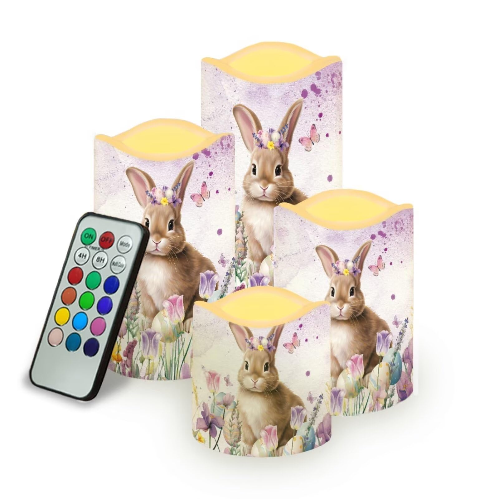 Uorisanigo Easter Cute Bunny Purple Floral Plastic Flameless Candles with Remote Control and Timer LED Flickering Battery Operat