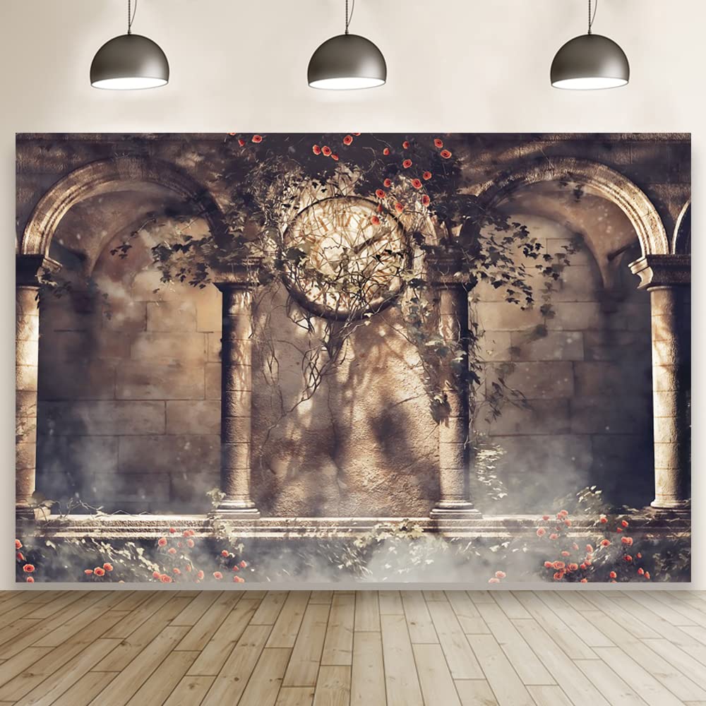 Laeacco Retro Clock Gothic Backdrop 10X8Ft Vinyl Photography Background Rose Ivy Arch Architecture Building Stone Wall Fantasy Scene Wedding Parties Backdrops