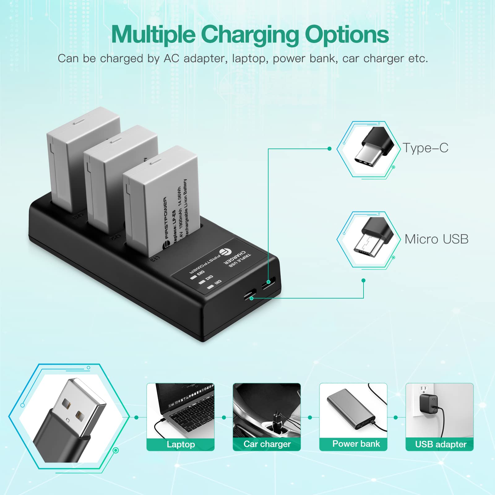 FirstPower LP-E8 Battery 3-Pack with Triple Slot Charger for Canon EOS Rebel T2i, T3i, T4i, T5i - Black