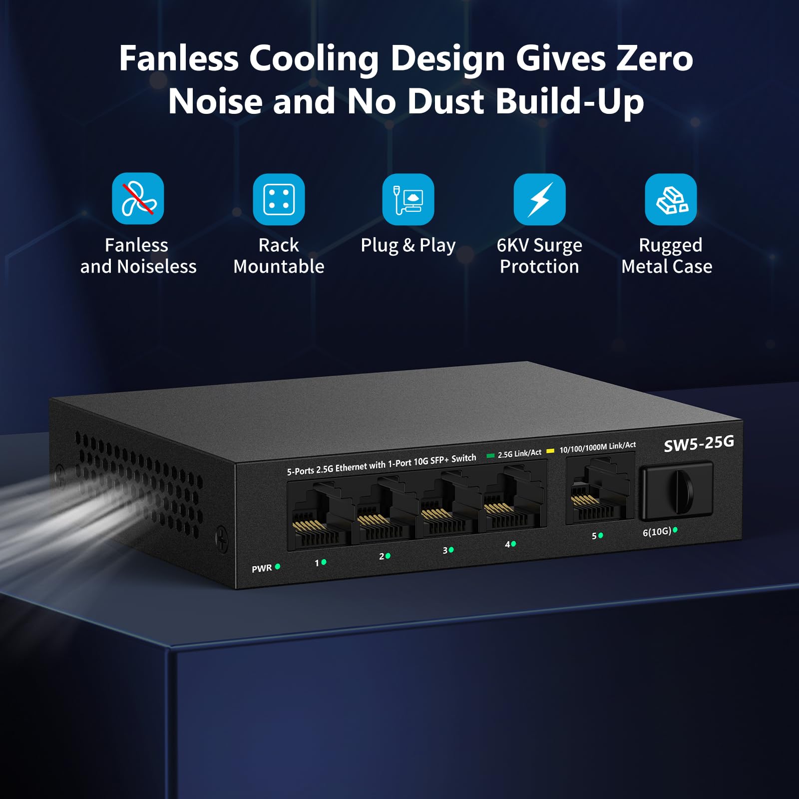 5 Port 2.5Gb Ethernet Switch Unmanaged Network Switch | 5 X 2.5 Gigabit | 1 X 10G Sfp+ | Multigig Switch Work With 10 100 1000Mb