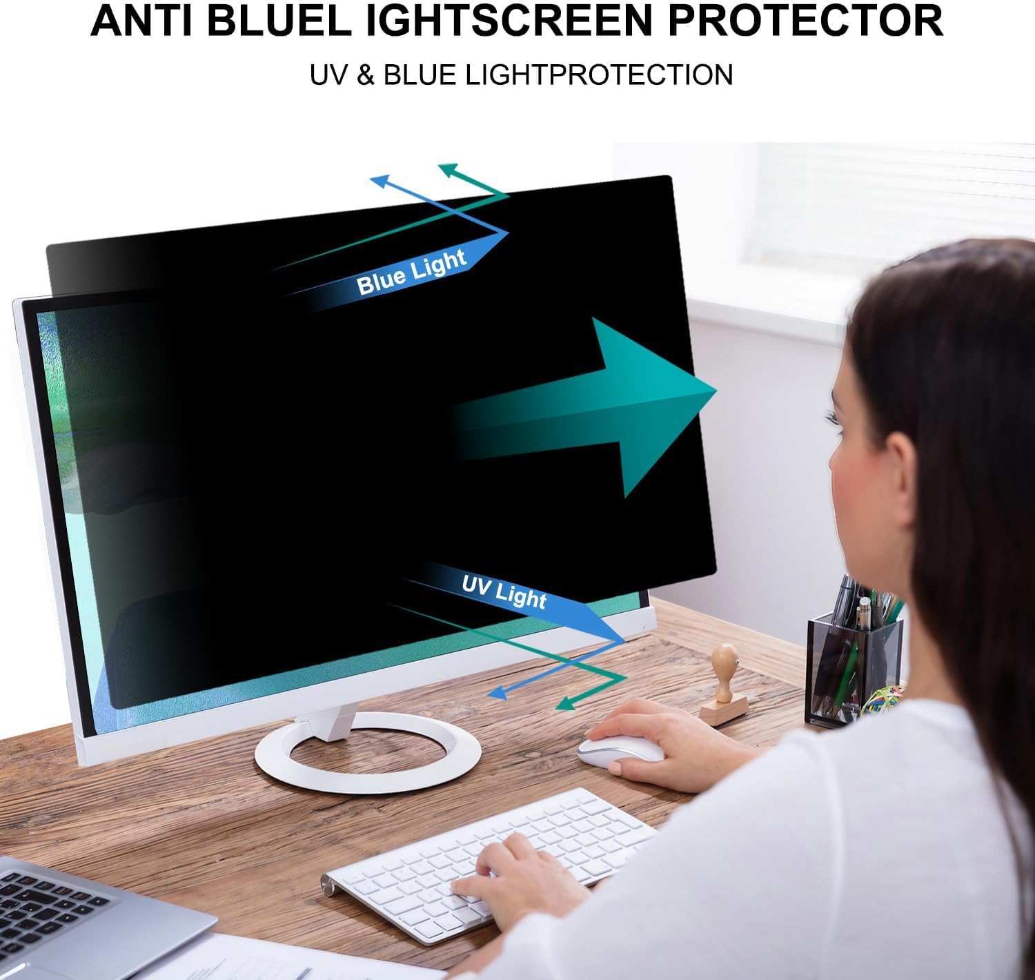 Pozlle 27 Inch Computer Privacy Screen Shield [2 Pack] For 16:9 Widescreen Desktop Monitor   Anti Glare Blue Light Privacy Filte