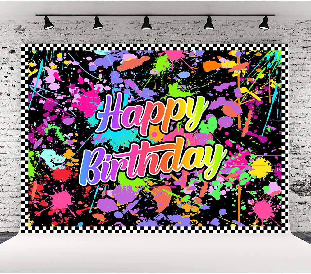 Lofaris Neon Glow(Not Glow) Birthday Party Photography Backdrop Colorful Graffiti Splatter In The Dark Happy Birthday Background