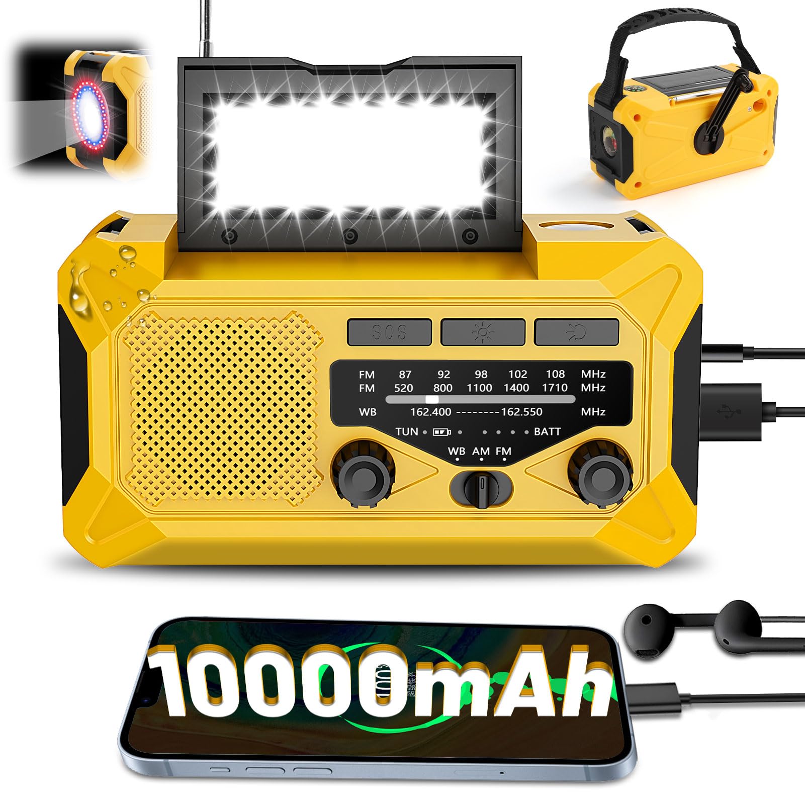 10000Mah Emergency Hand Crank Radio With Led Flashlight, Am/Fm Noaa Portable Weather Alert Radio, Solar Powered Radio With Phone