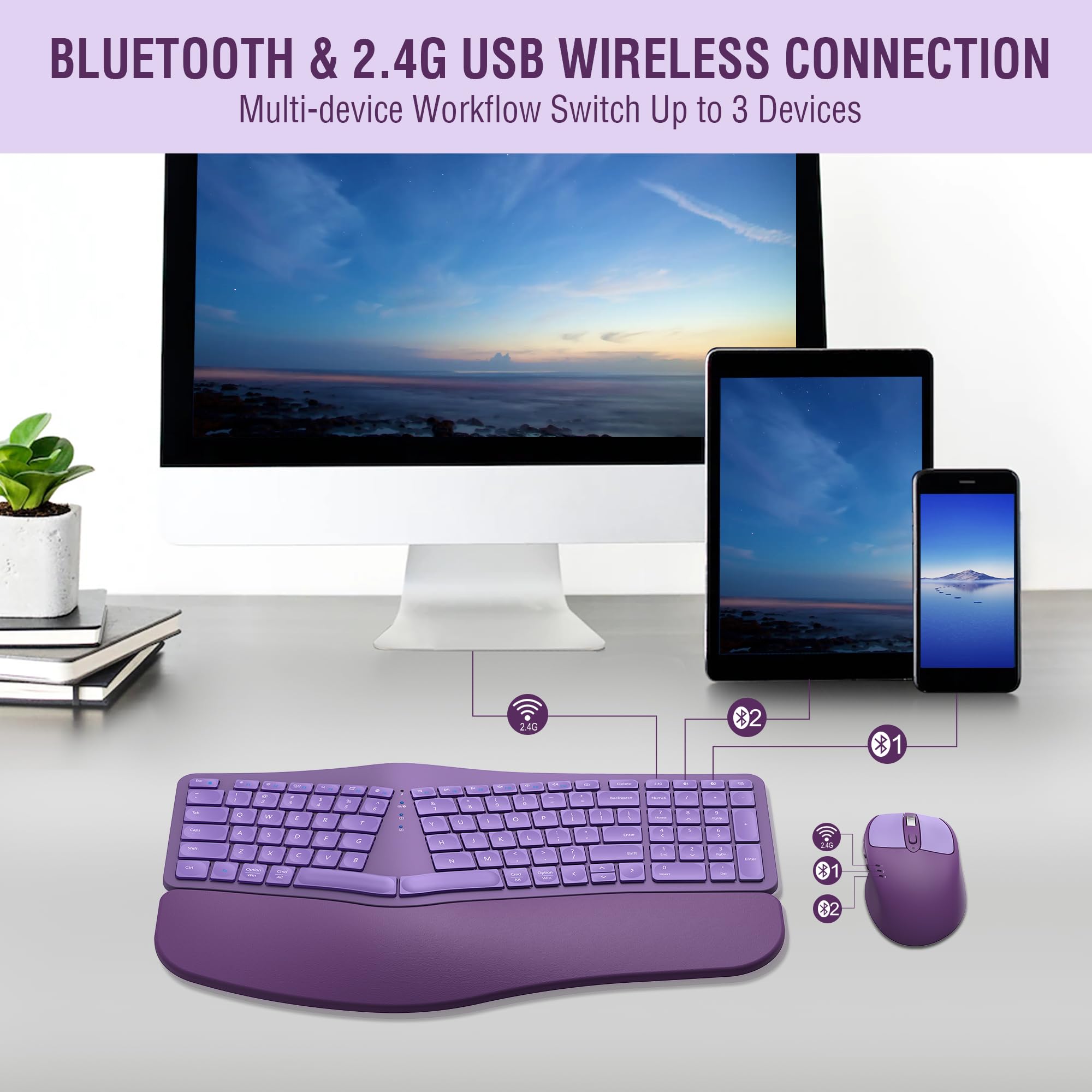 Mk960 Ergonomic Wireless Keyboard Mouse Combo, Bluetooth/2.4G Split Design Keyboard With Palm Rest And 4 Level Dpi Adjustable Wi