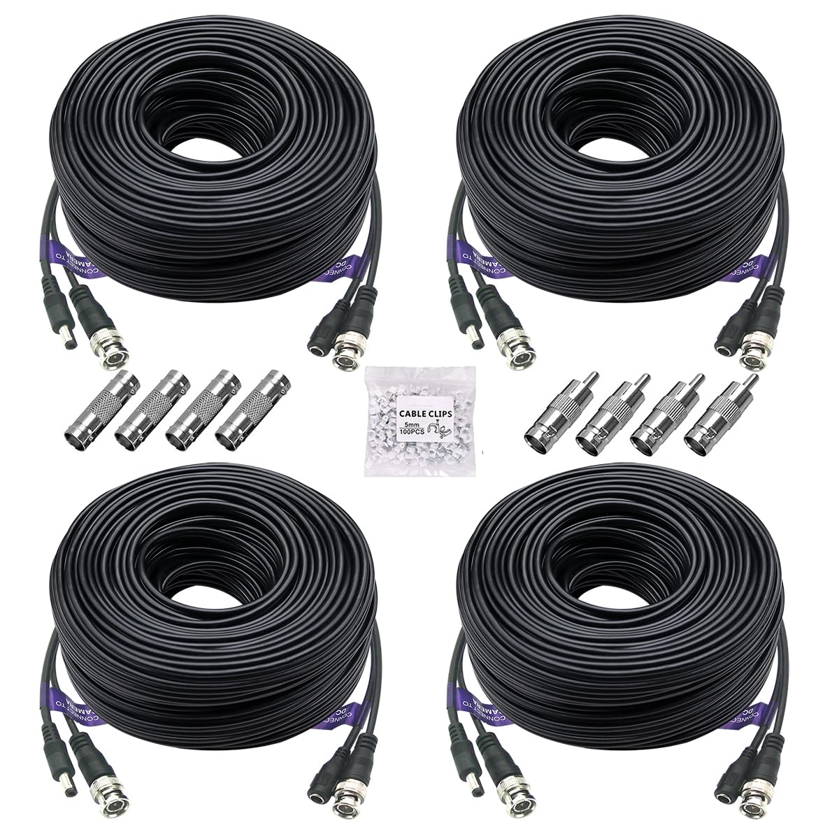 Anlink 4 Pack 100Ft/30M 4K 8Mp 5Mp All In One Bnc Video Power Cable, Bnc Extension Surveillance Camera Wires For Cctv Camera Dvr Systems (8Pcs Bnc Connectors, 100Pcs Cable Clips Included)