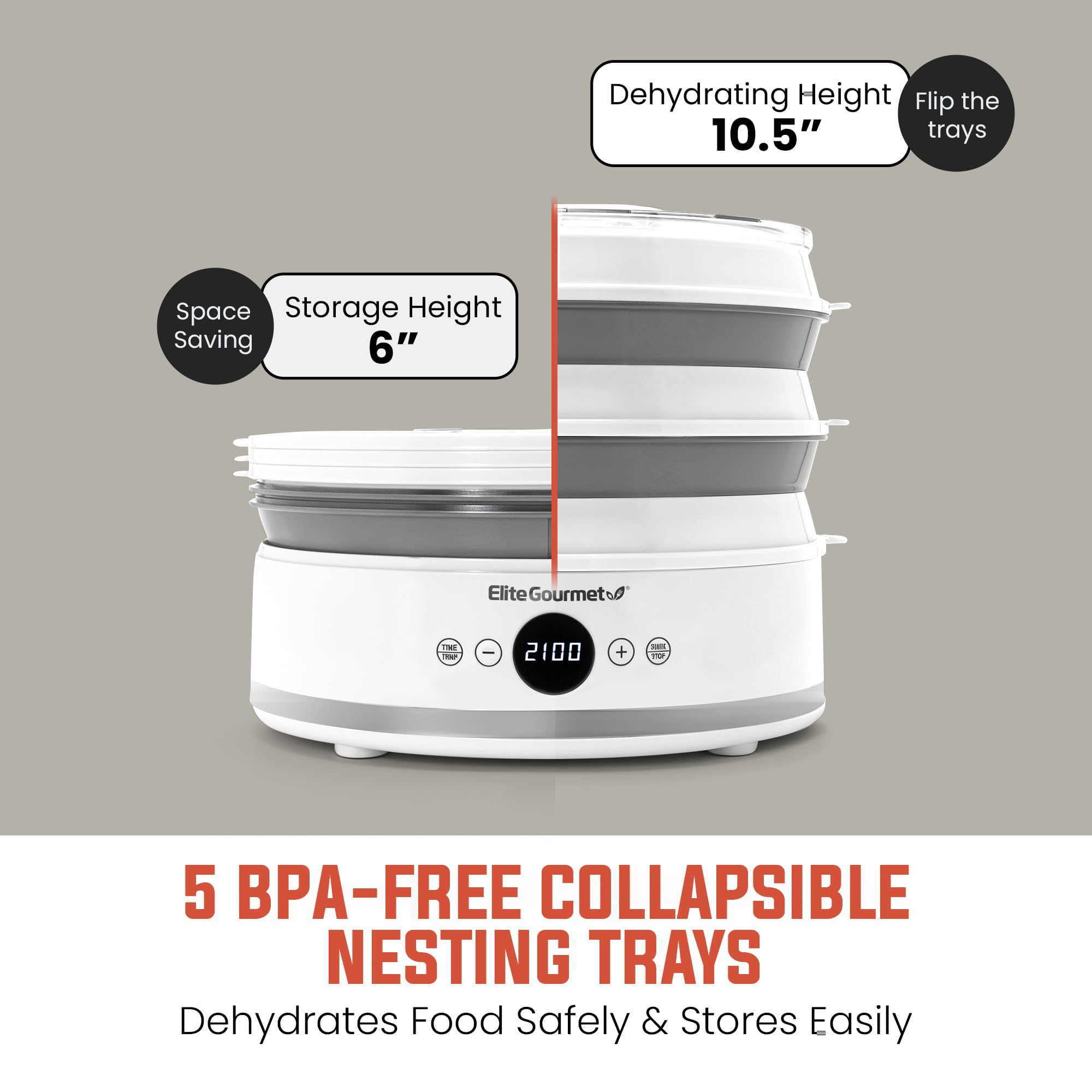 Elite Gourmet Efd329Wd Digital Food Dehydrator With 5 Bpa Free Slimstore Collapsible Trays For Compact Storage, Adjustable Timer